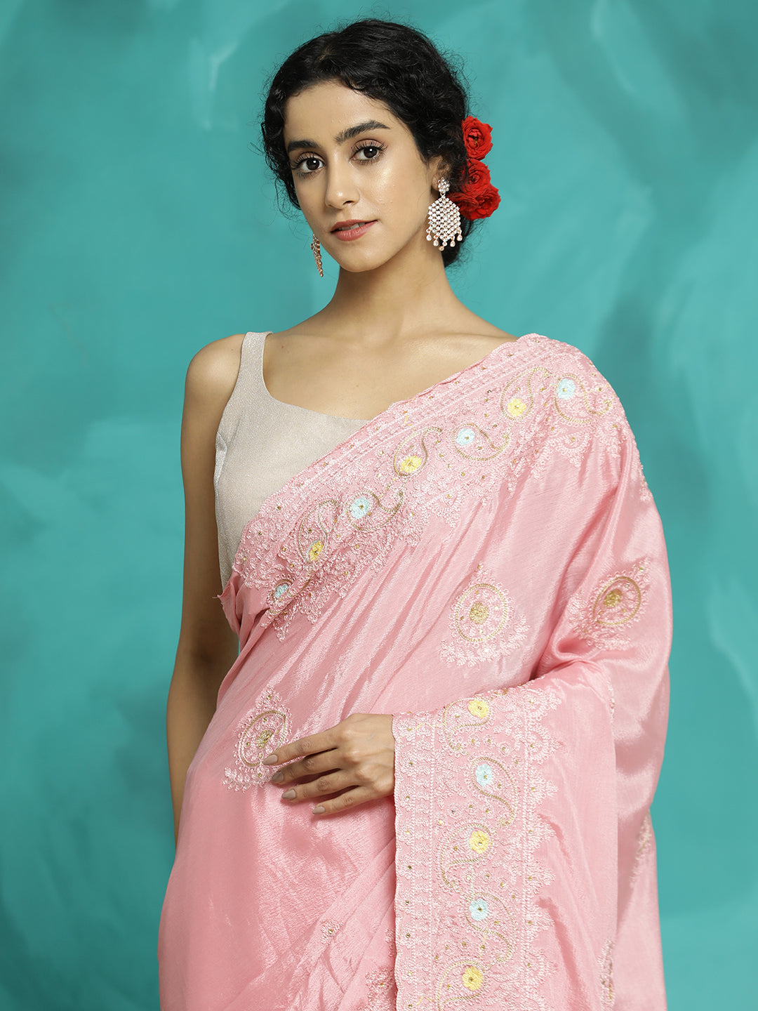 Silk Blend Embroidered Party Wear Saree