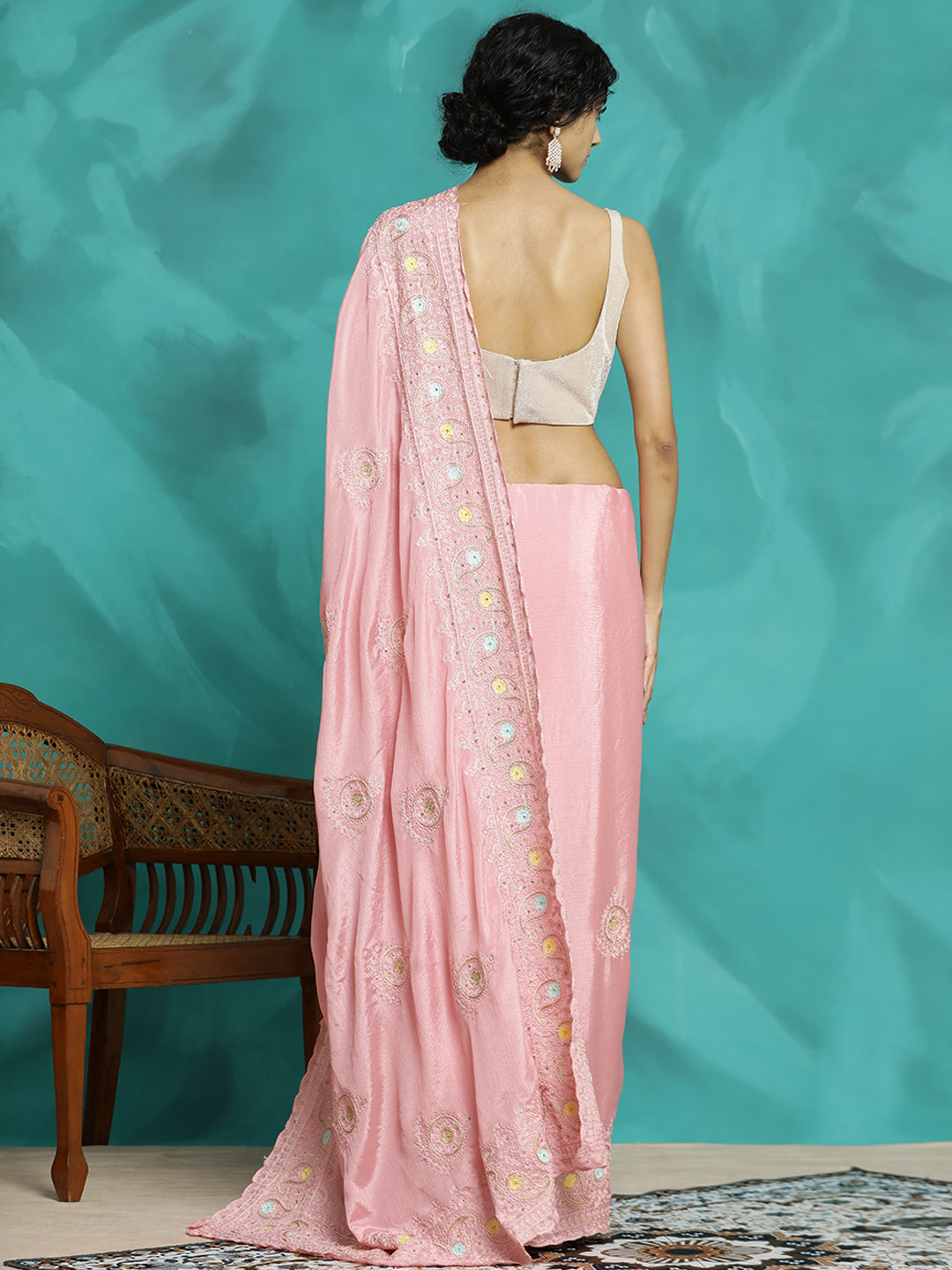 Silk Blend Embroidered Party Wear Saree