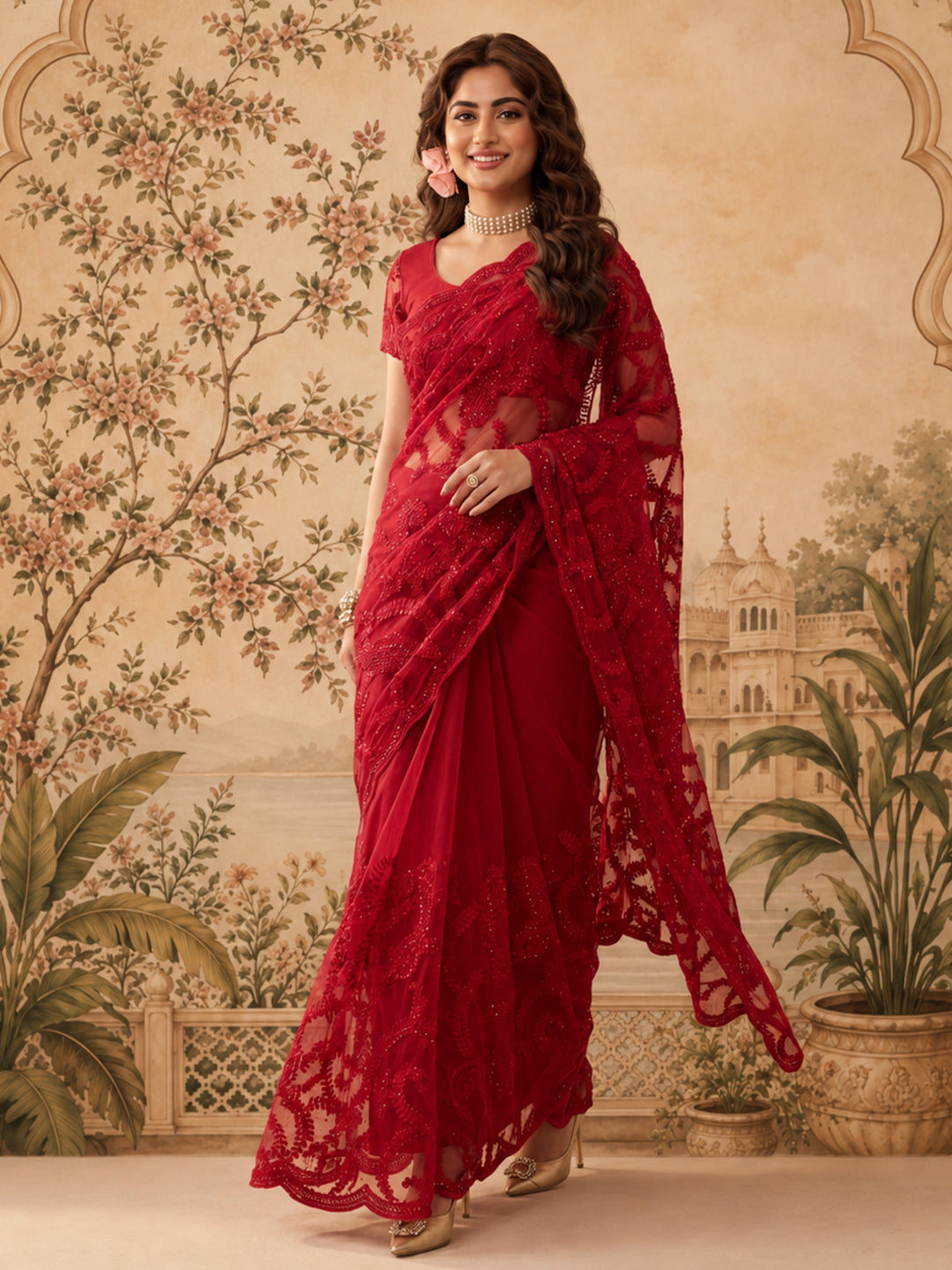 Red Embroidered Sheer Saree with Floral Motifs