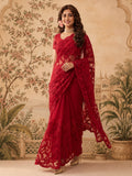 Red Embroidered Sheer Saree with Floral Motifs