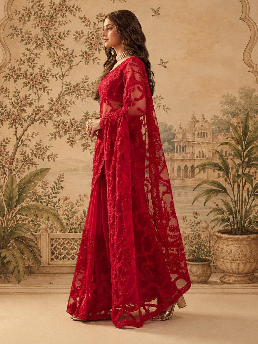Red Embroidered Sheer Saree with Floral Motifs