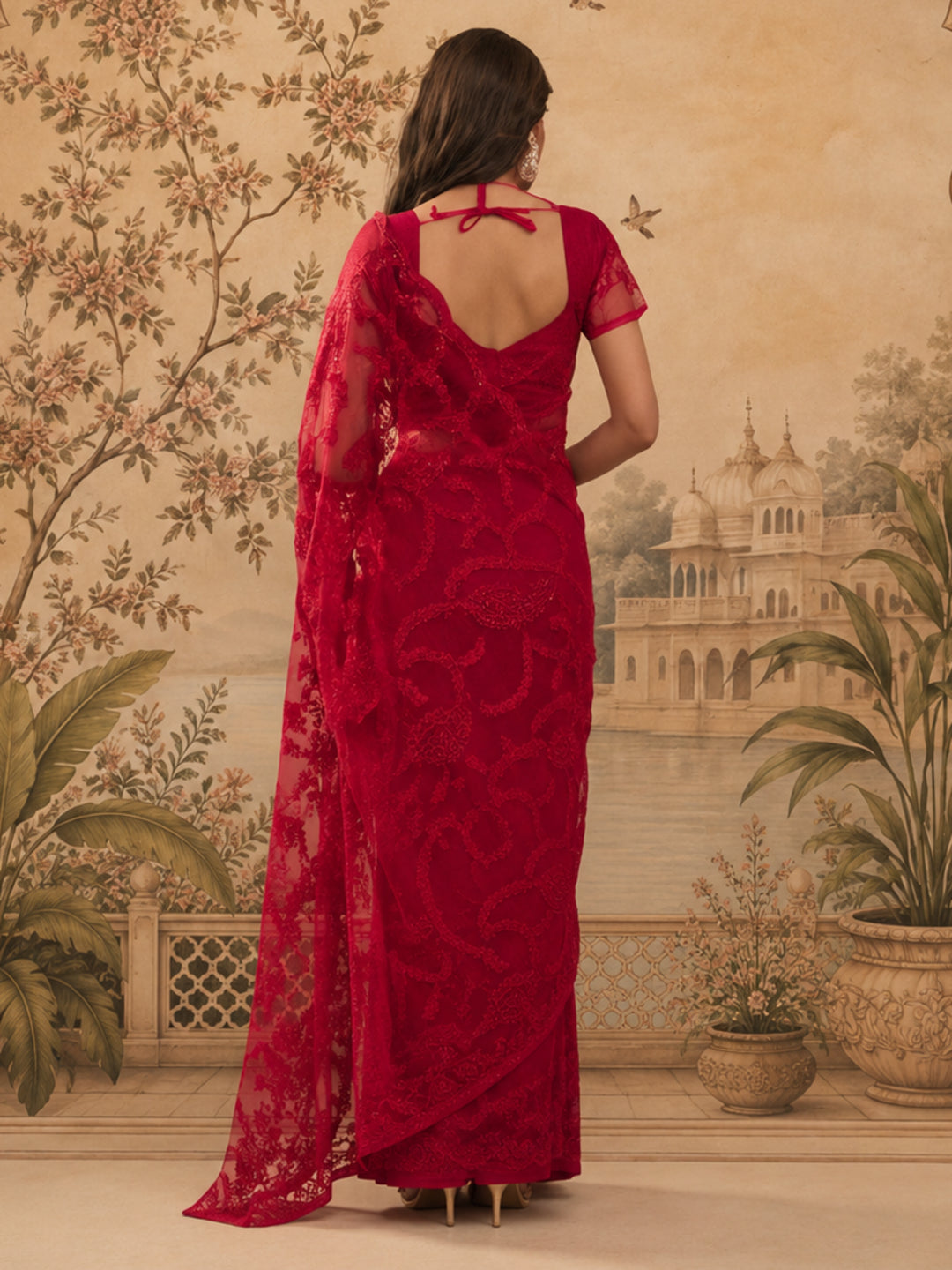 Red Embroidered Sheer Saree with Floral Motifs