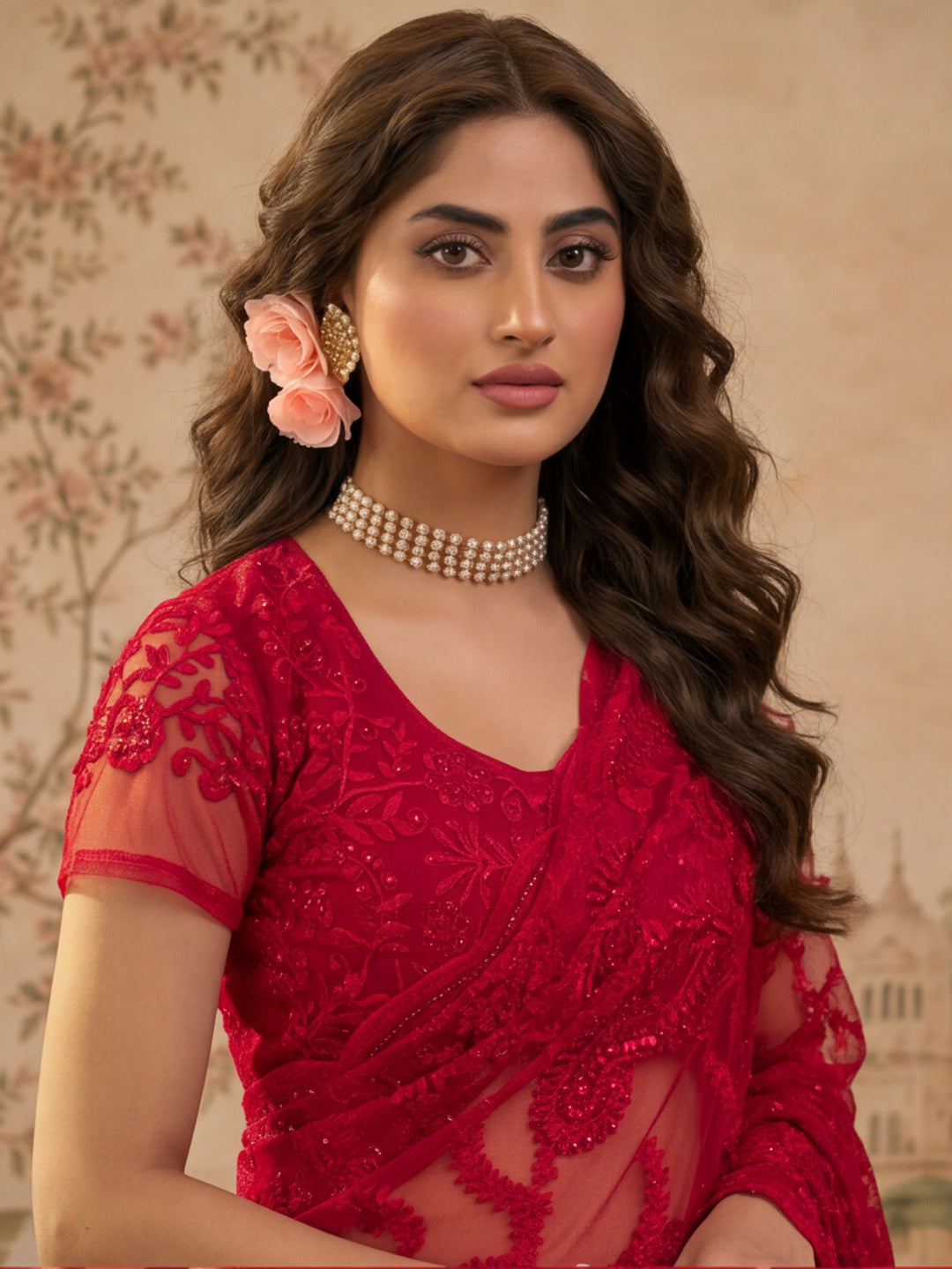 Red Embroidered Sheer Saree with Floral Motifs