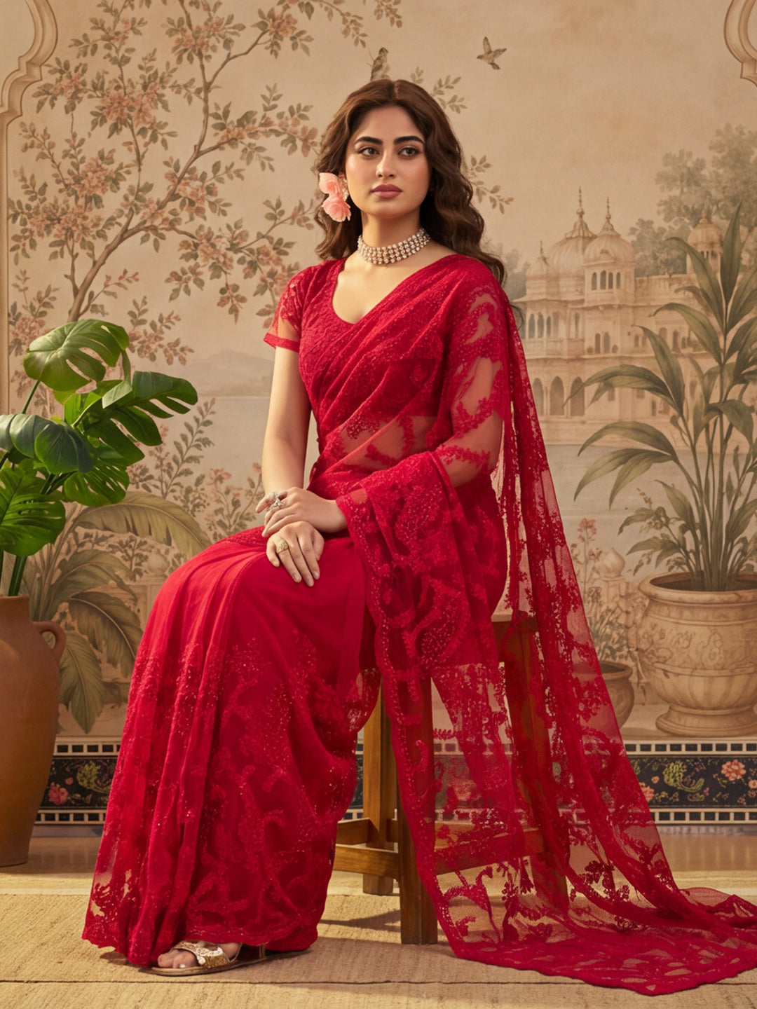 Red Embroidered Sheer Saree with Floral Motifs