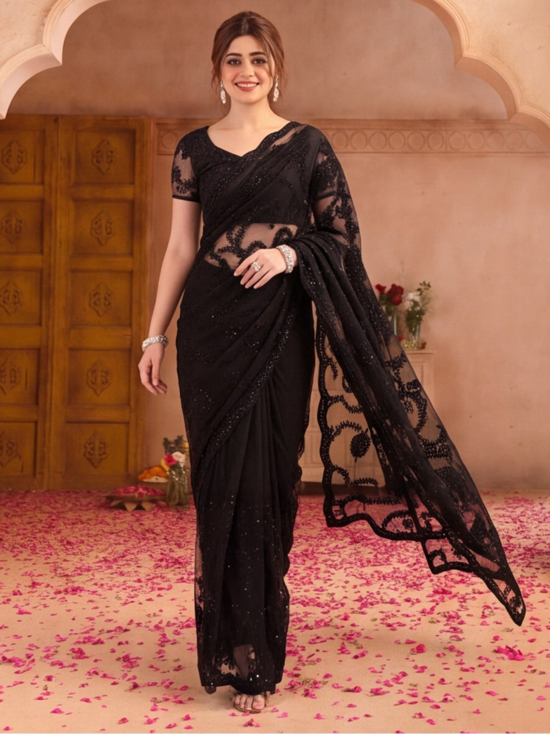Black Embroidered Sheer Saree with Floral Motifs