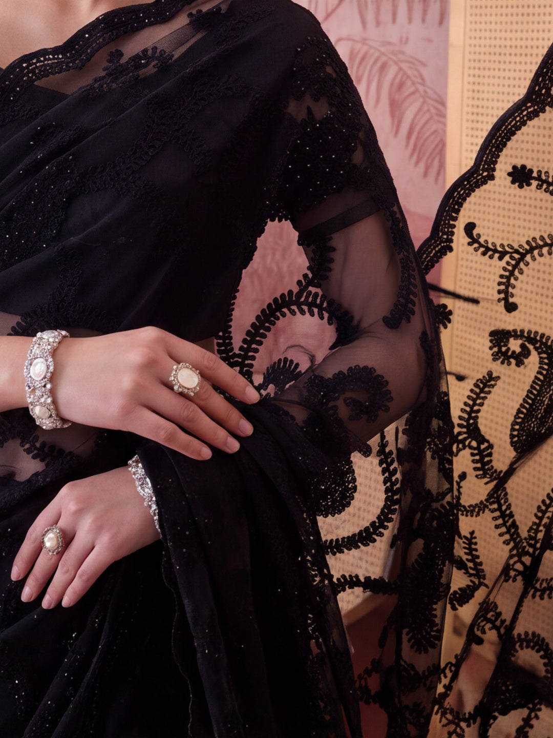 Black Embroidered Sheer Saree with Floral Motifs