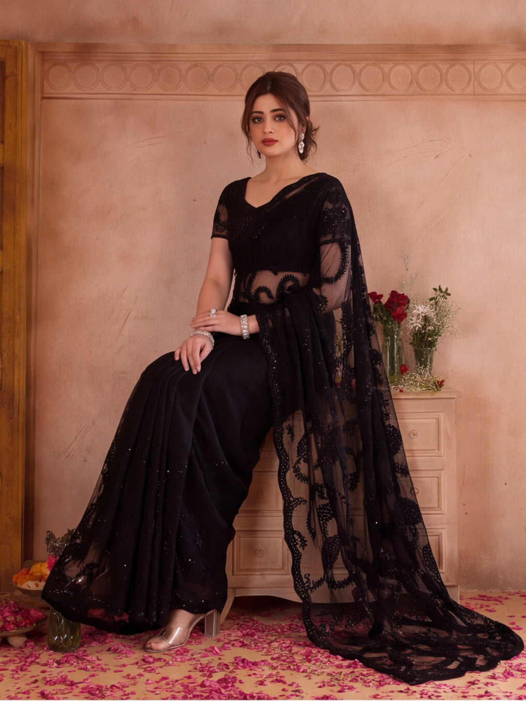 Black Embroidered Sheer Saree with Floral Motifs