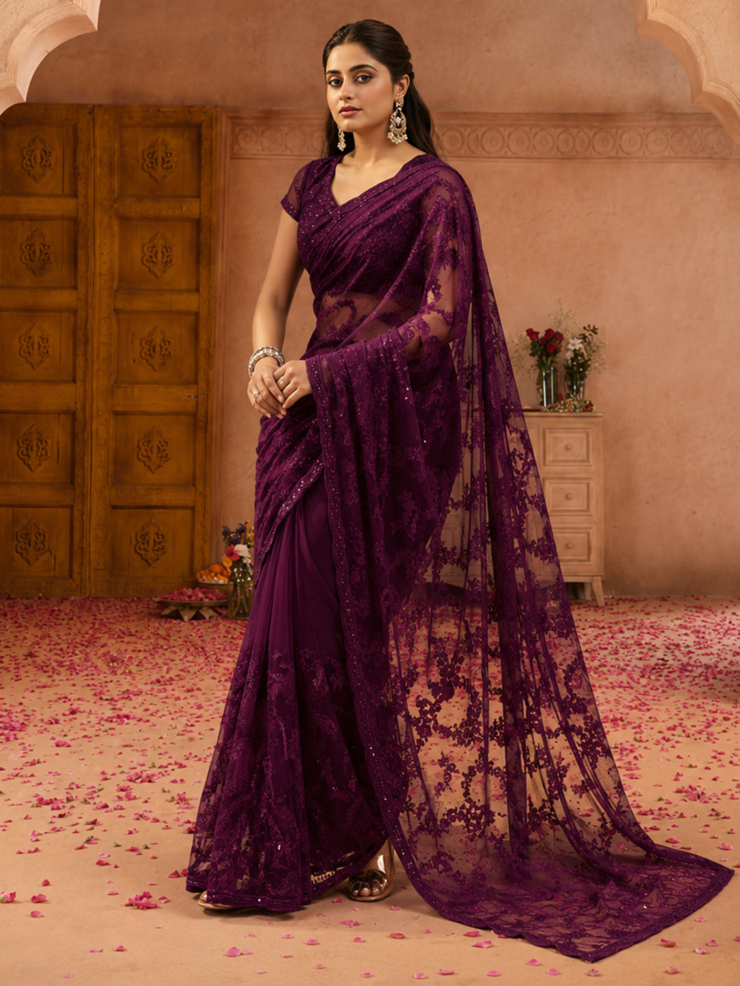 Purple Embroidered Sheer Saree with Floral Motifs