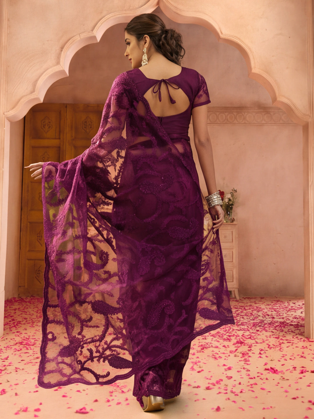 Purple Embroidered Sheer Saree with Floral Motifs