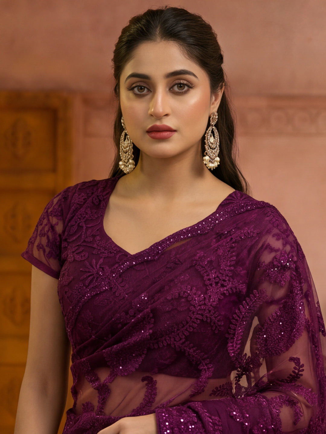 Purple Embroidered Sheer Saree with Floral Motifs