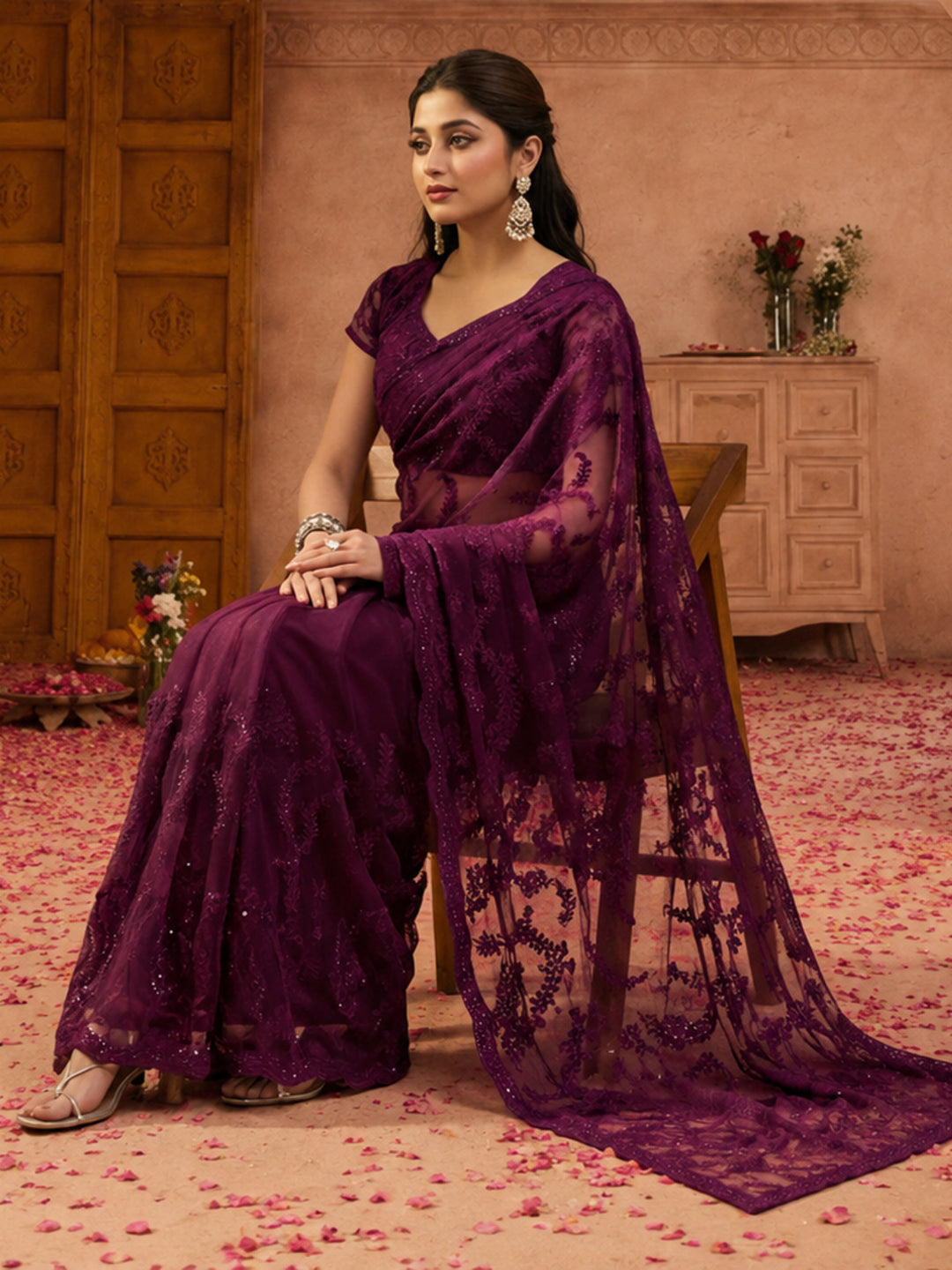 Purple Embroidered Sheer Saree with Floral Motifs