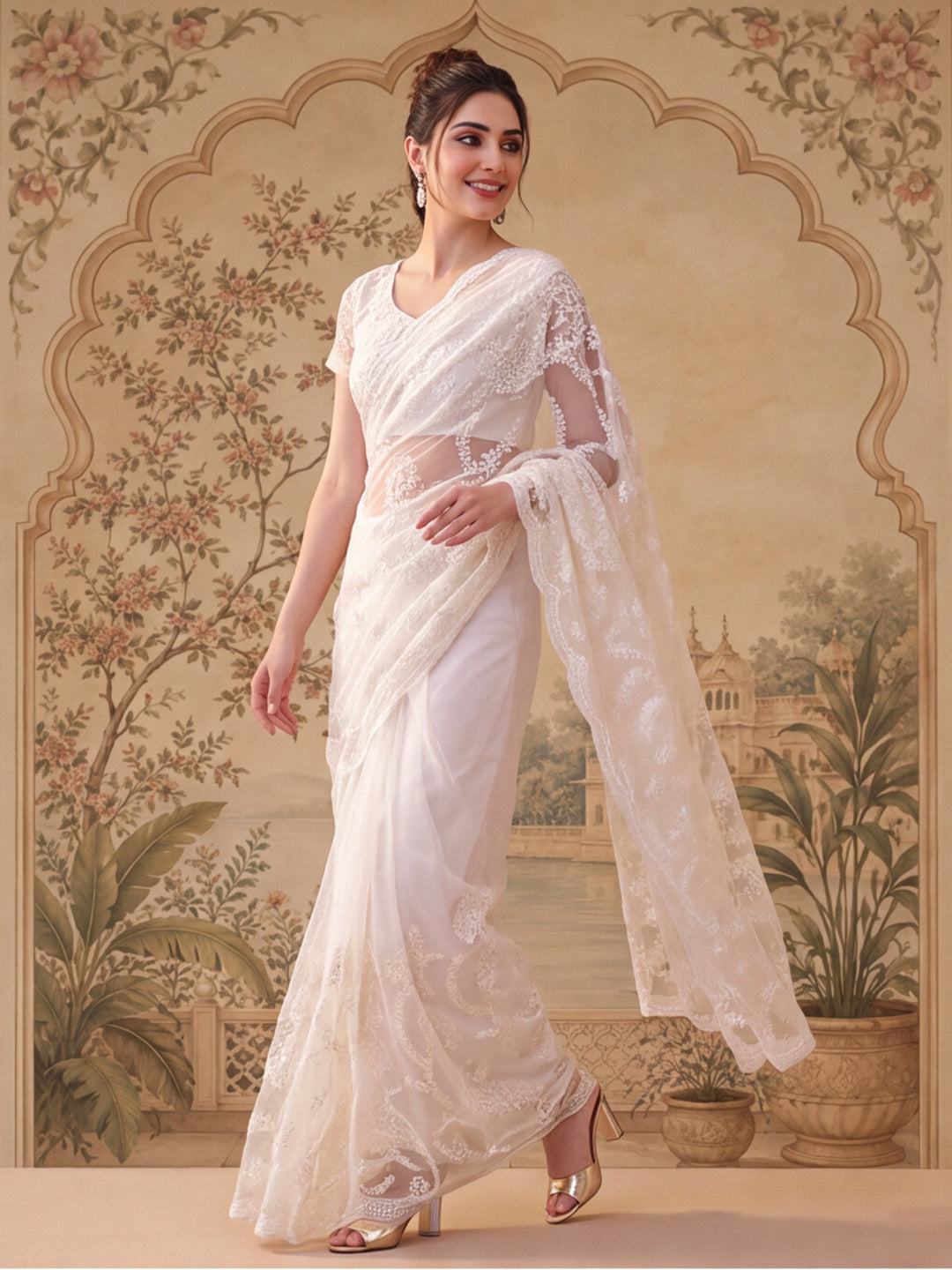 White Embroidered Sheer Saree with Floral Motifs