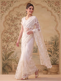 White Embroidered Sheer Saree with Floral Motifs