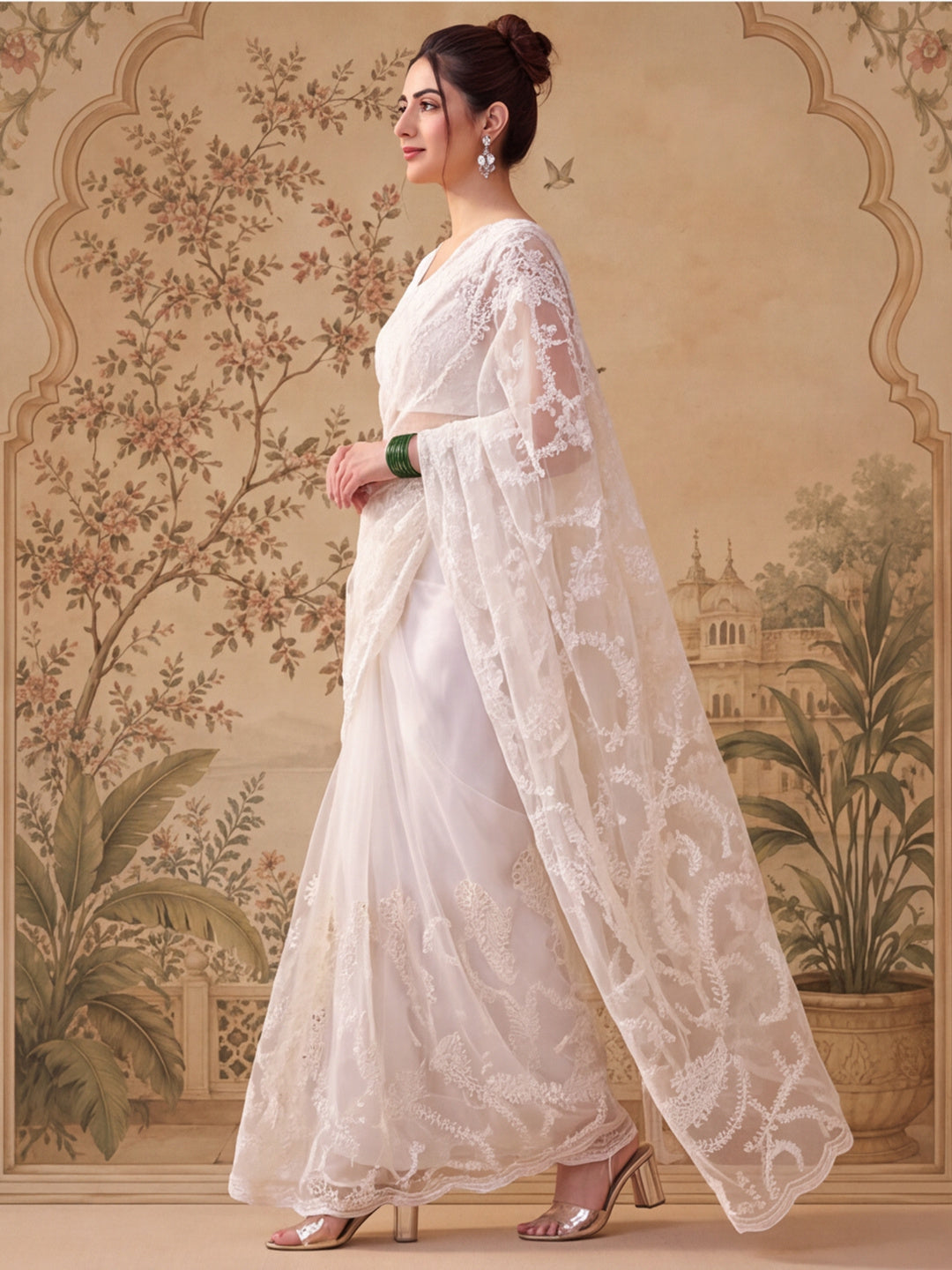 White Embroidered Sheer Saree with Floral Motifs
