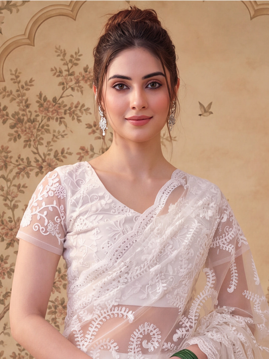 White Embroidered Sheer Saree with Floral Motifs