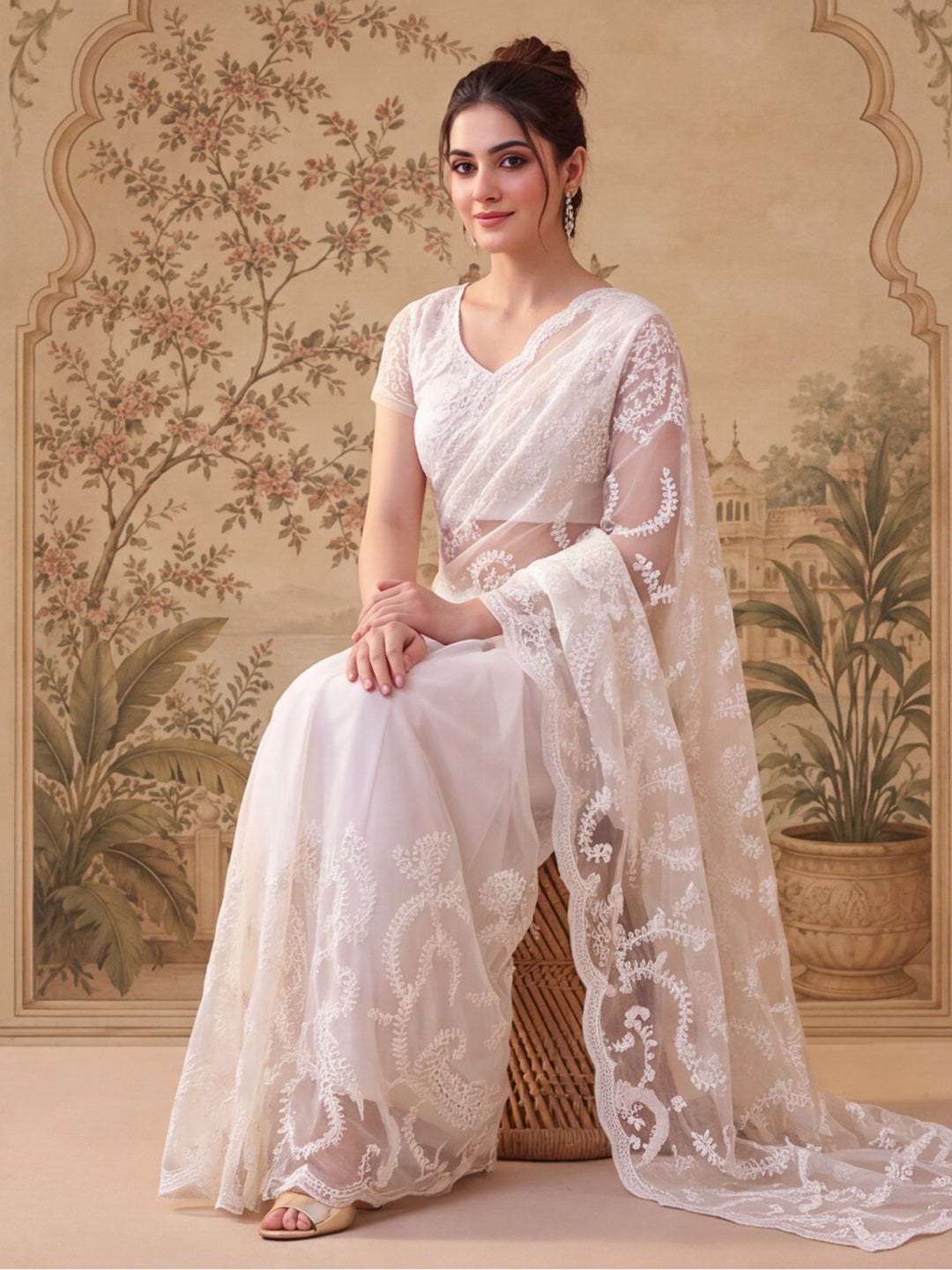 White Embroidered Sheer Saree with Floral Motifs