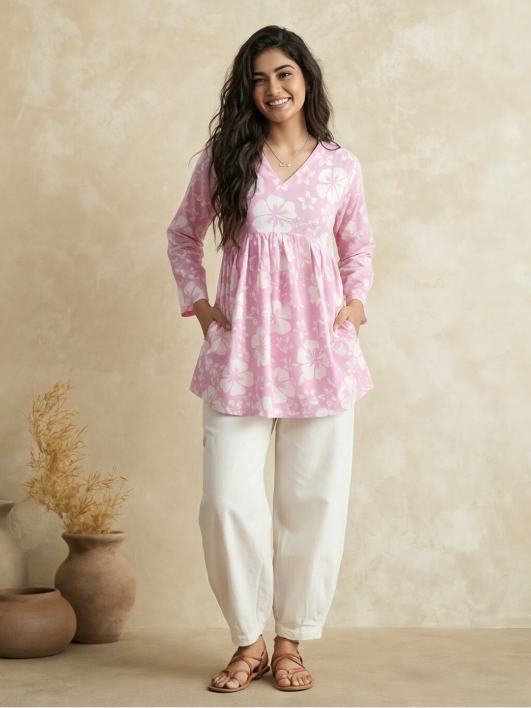 Printed Cotton Blend V-Neck Kurti