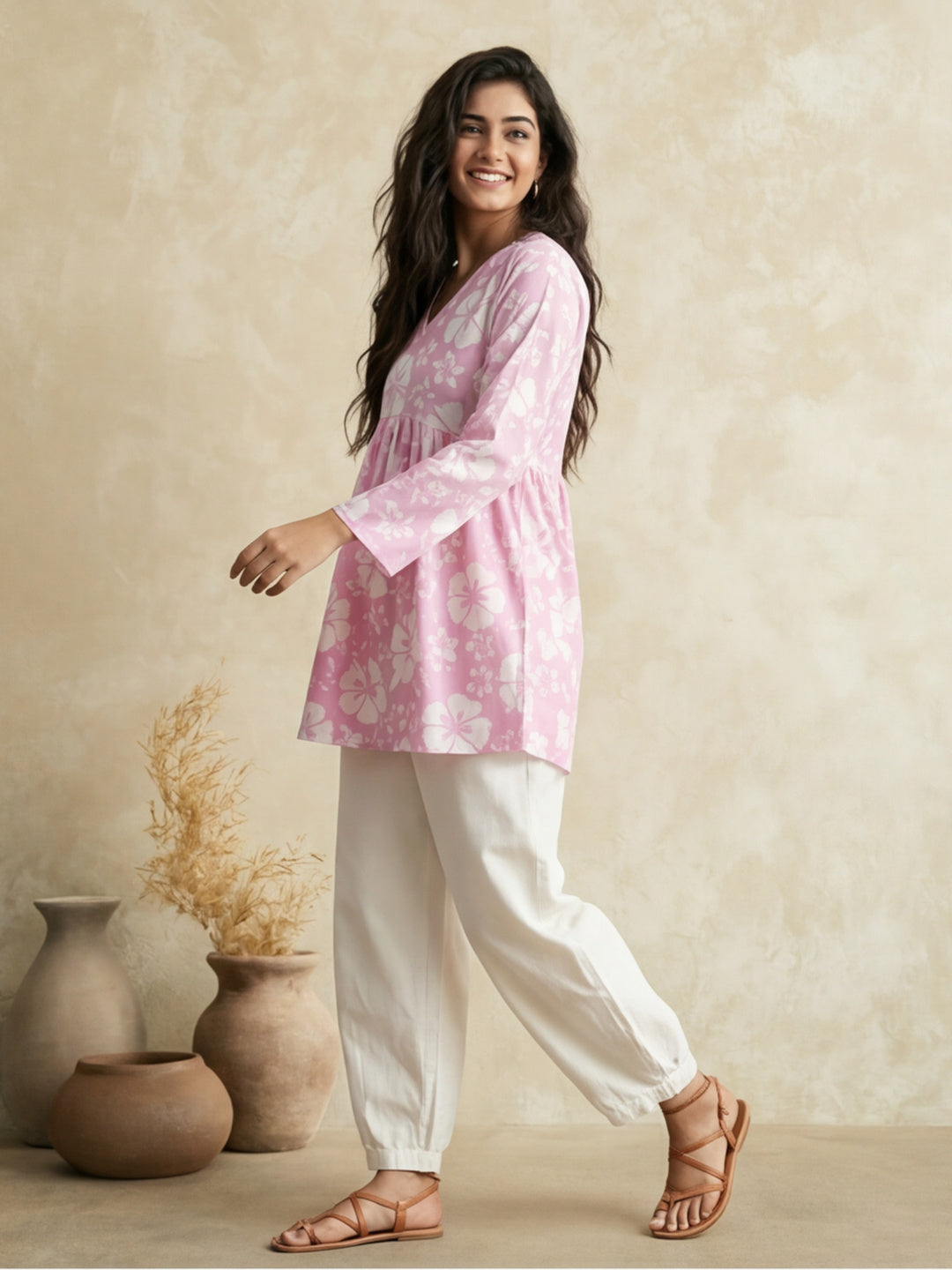 Printed Cotton Blend V-Neck Kurti