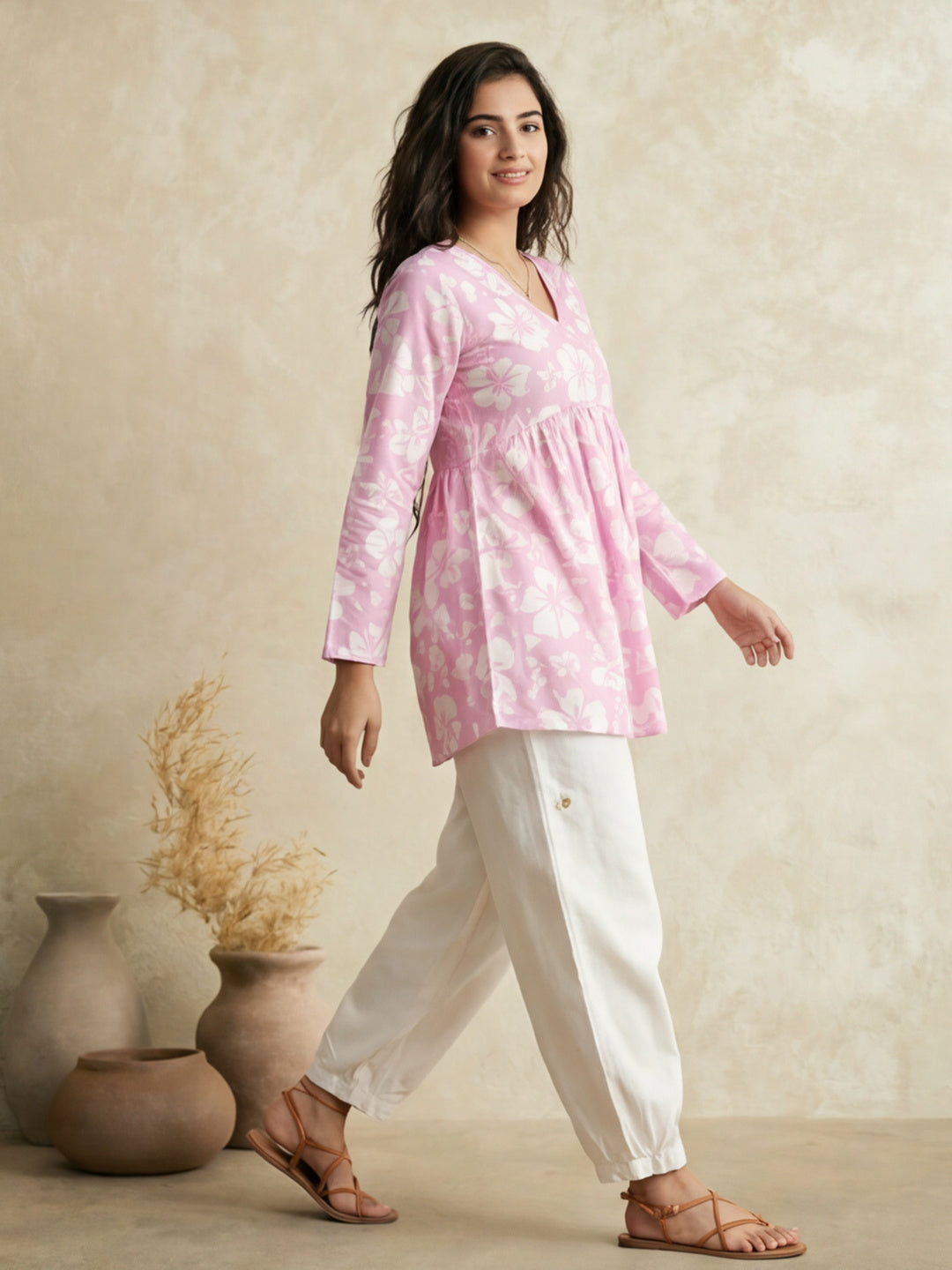 Printed Cotton Blend V-Neck Kurti