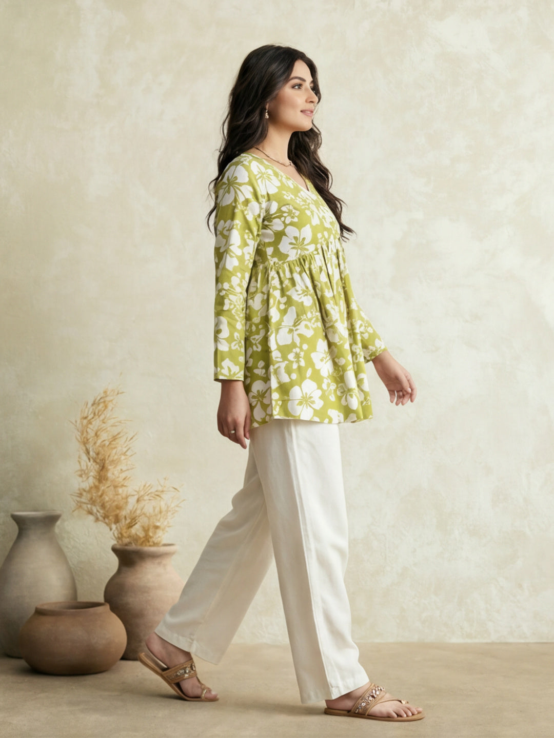 Printed Cotton Blend V-Neck Kurti