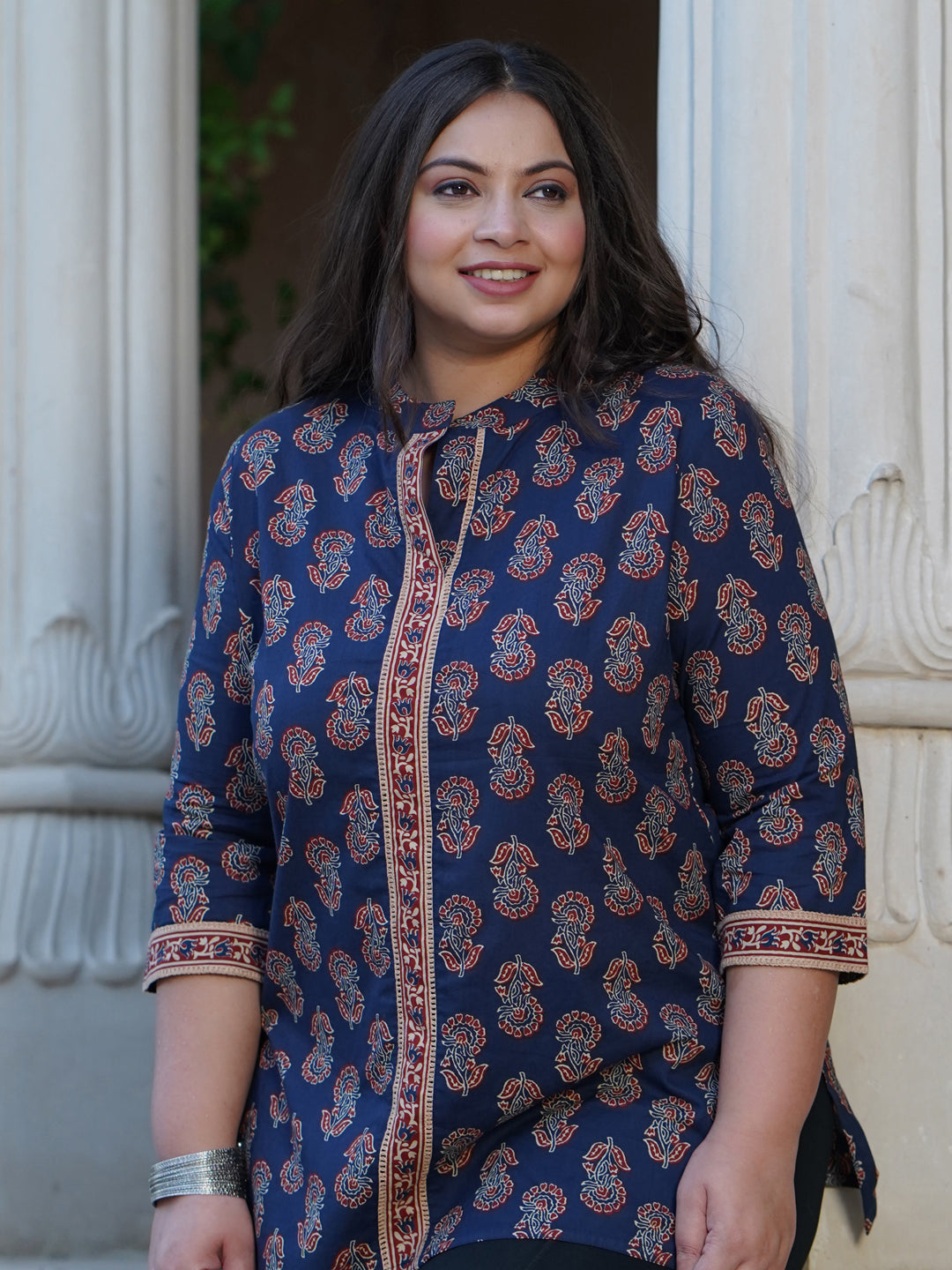 Plus Size Indigo Blue Ethnic Floral Printed Cotton Short Kurta