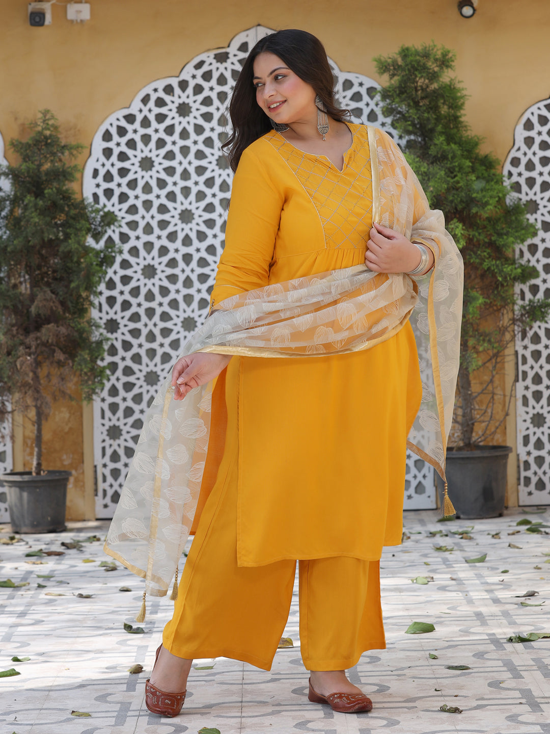 Mustard Embroidered Straight Kurta With Pants & Digital Print Net Dupatta