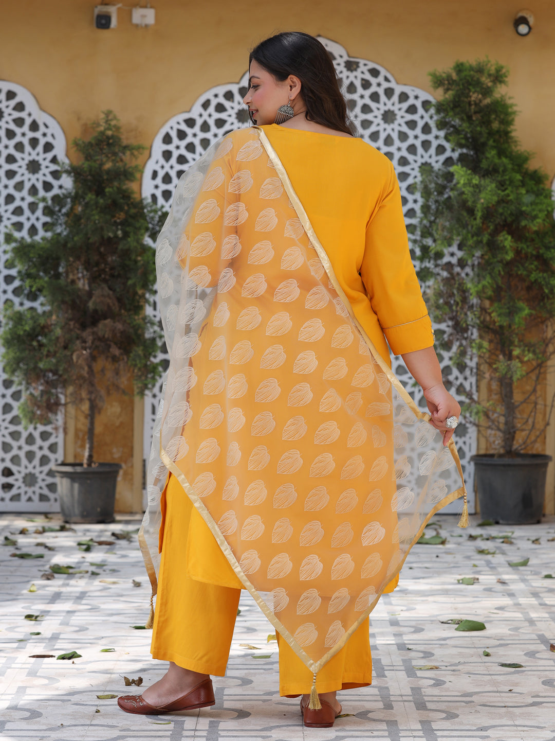 Mustard Embroidered Straight Kurta With Pants & Digital Print Net Dupatta