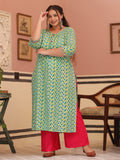 Green Cotton Geomatric Print Straight Fit Kurti