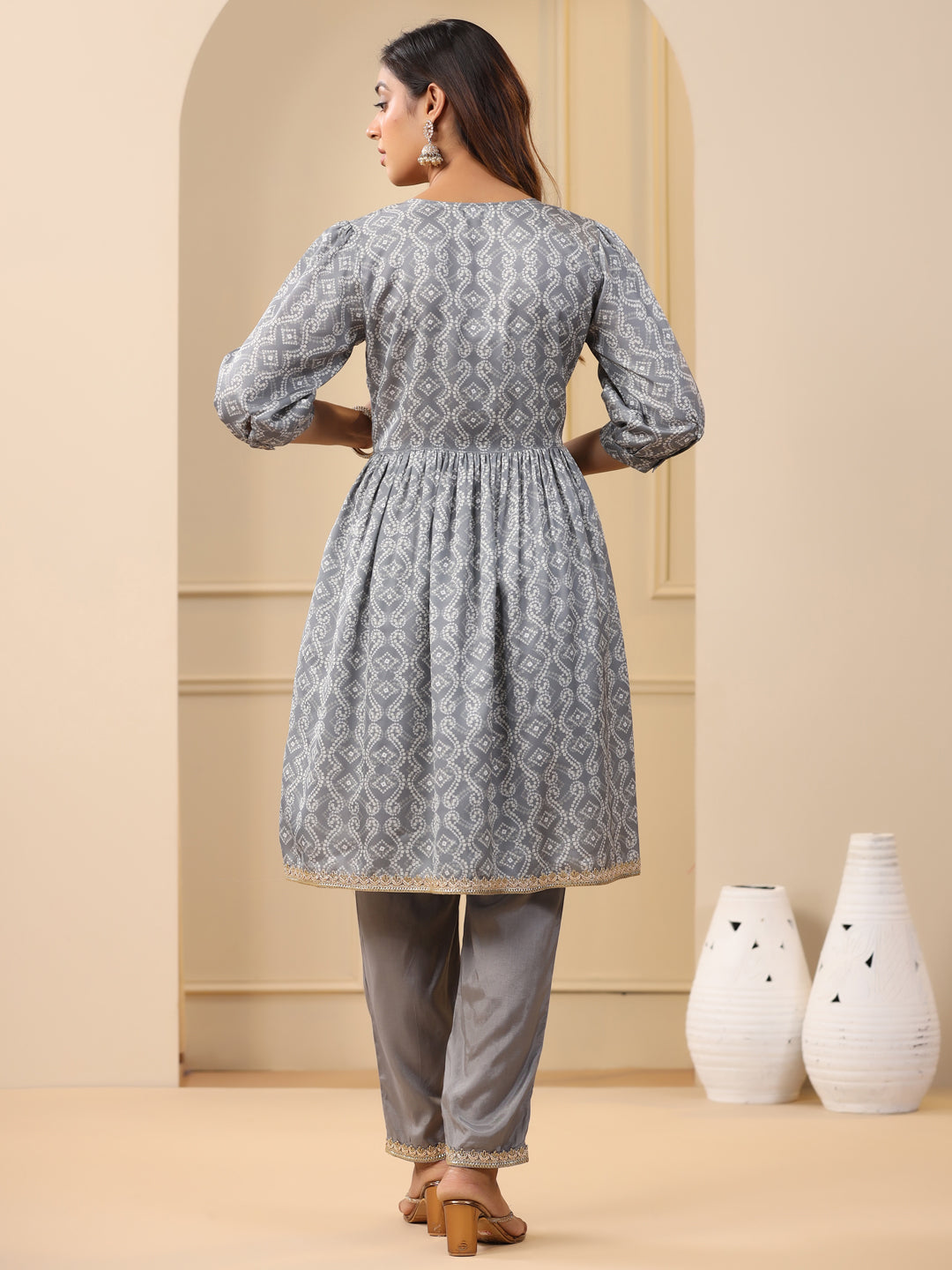 Grey Bandhej Print Wrap Kurta With Pants