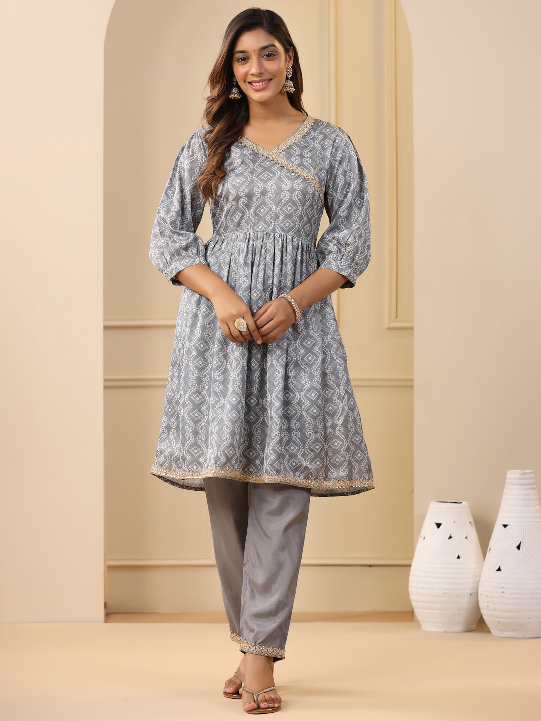 Grey Bandhej Print Wrap Kurta With Pants