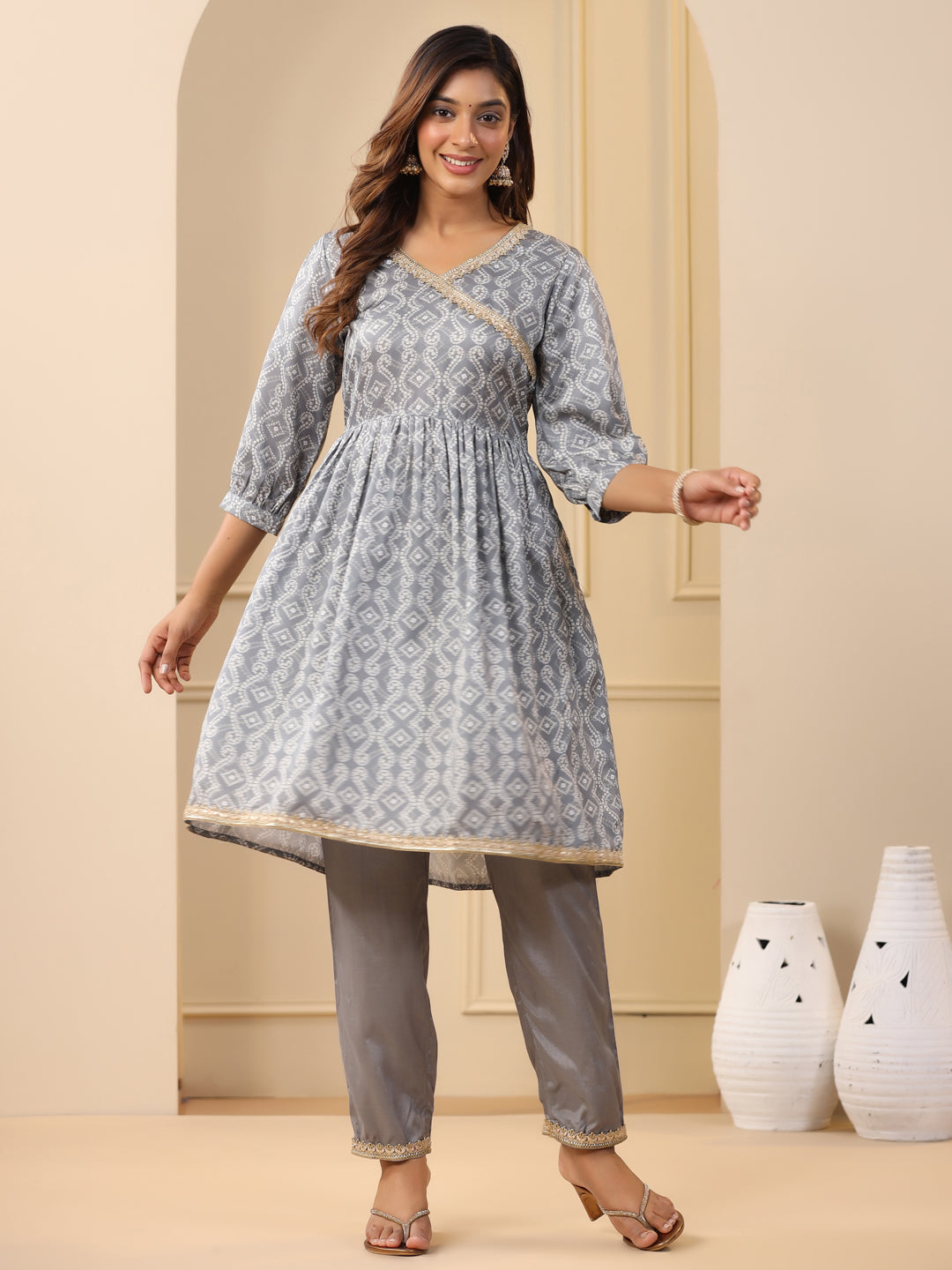 Grey Bandhej Print Wrap Kurta With Pants