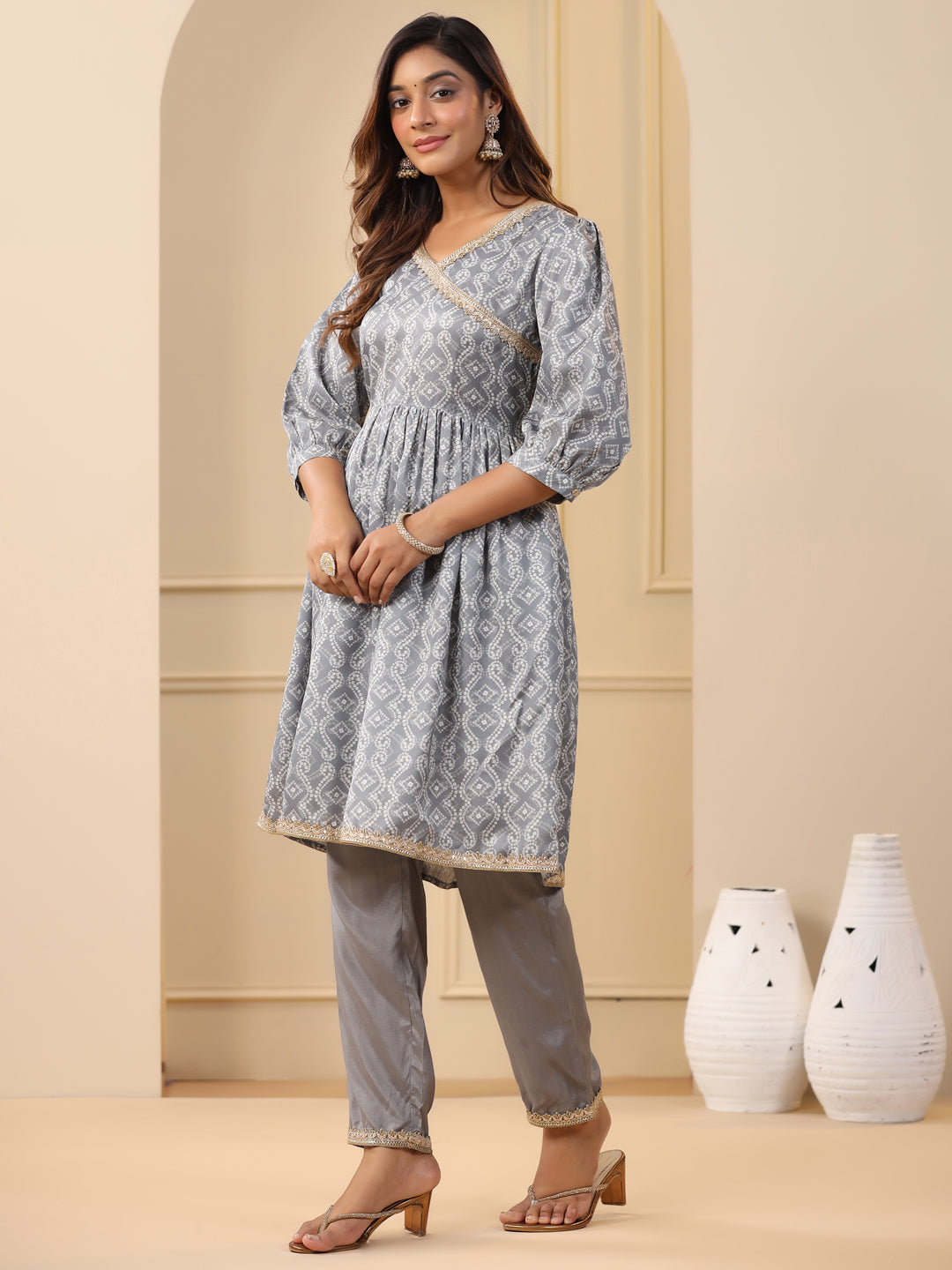 Grey Bandhej Print Wrap Kurta With Pants