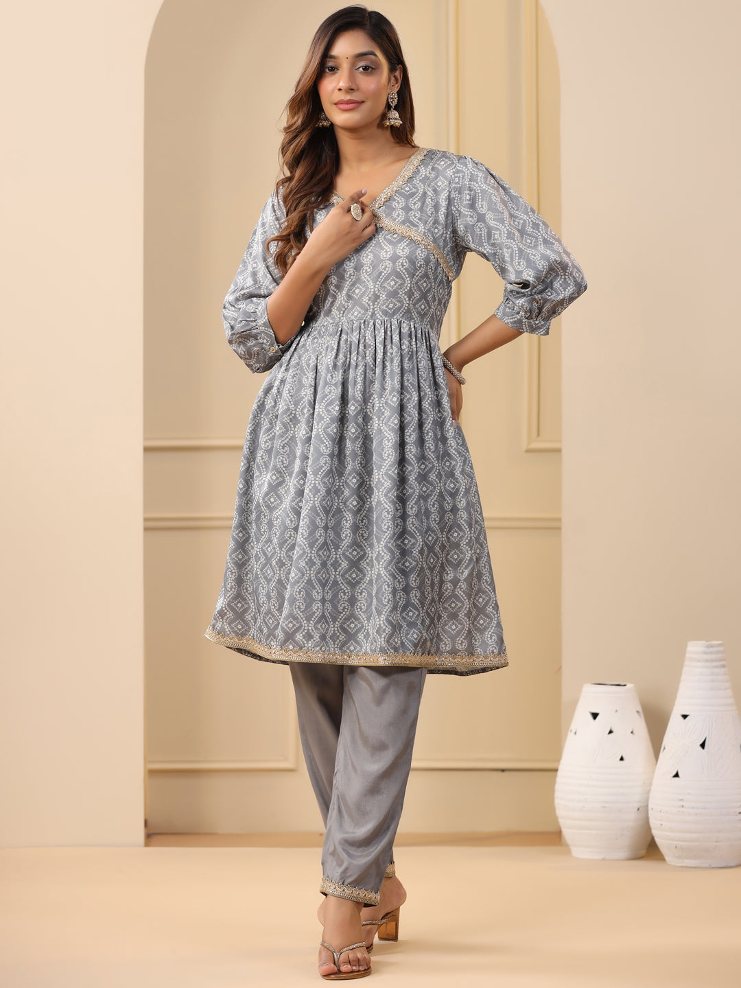 Grey Bandhej Print Wrap Kurta With Pants