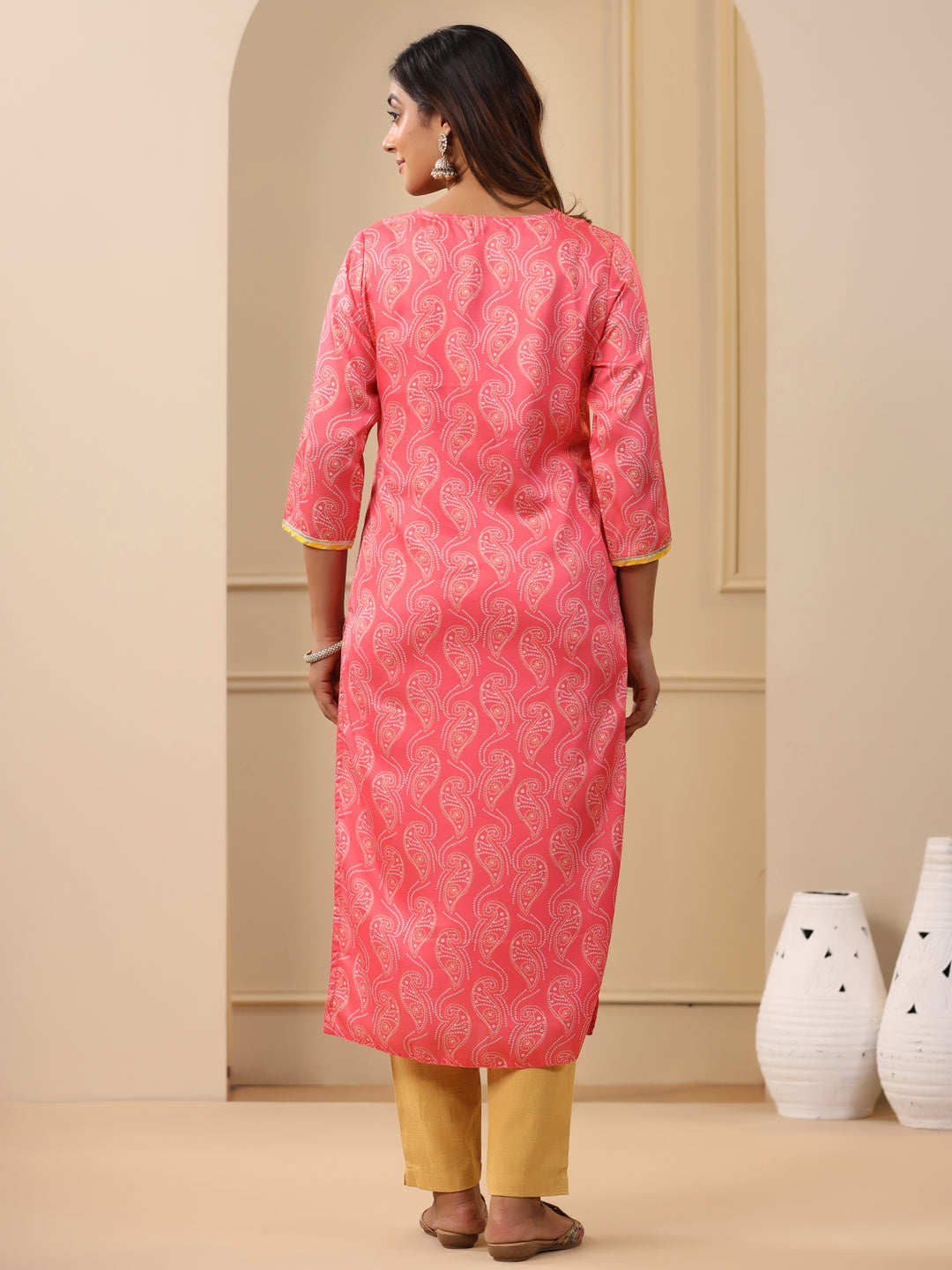 Embroidered Art Silk Peach Printed Straight Kurta With Cream Pants