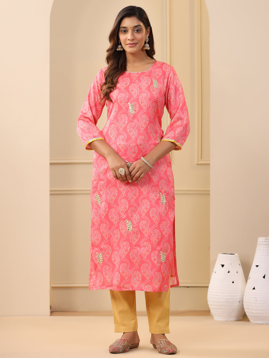 Embroidered Art Silk Peach Printed Straight Kurta With Cream Pants