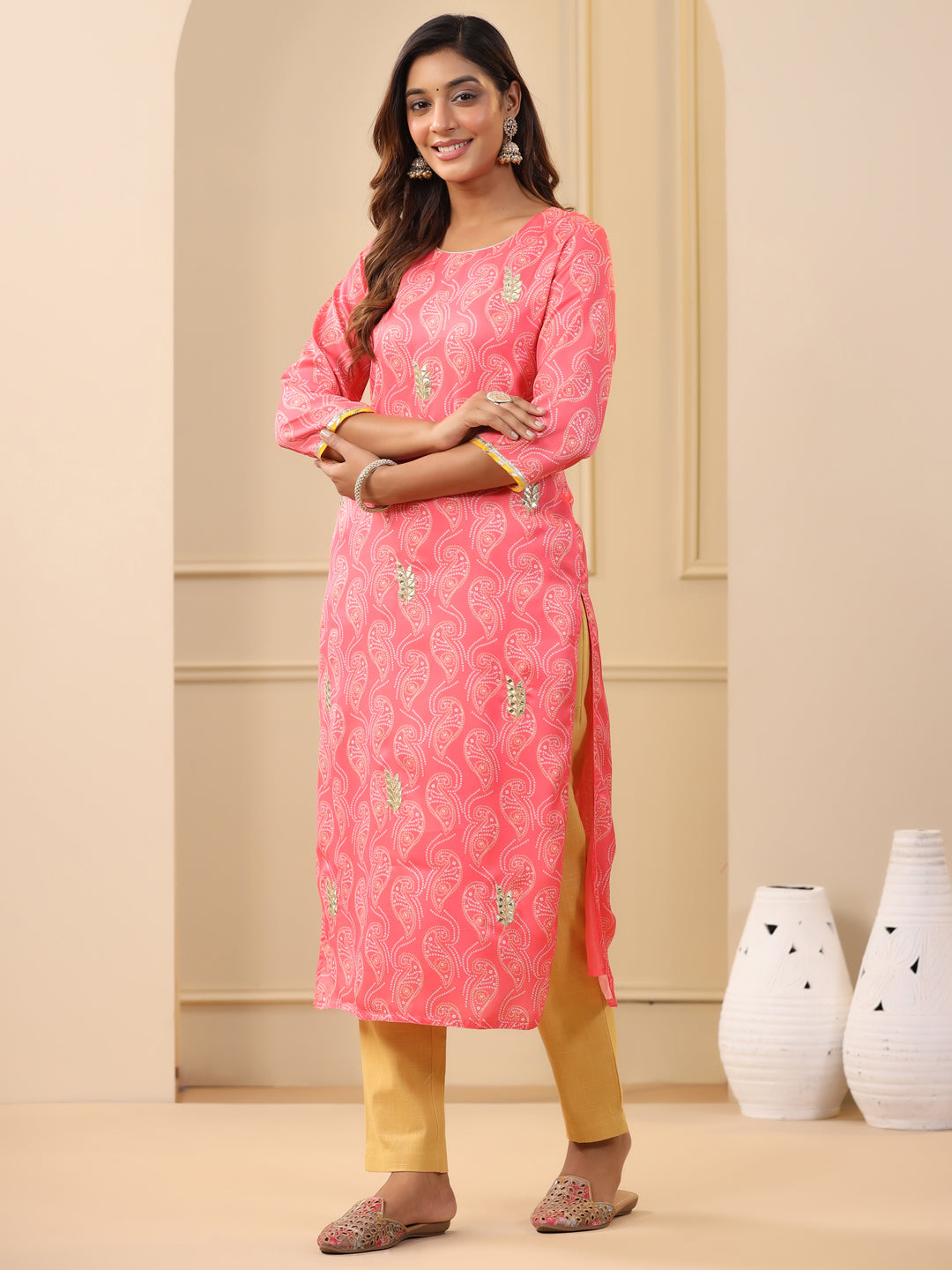 Embroidered Art Silk Peach Printed Straight Kurta With Cream Pants