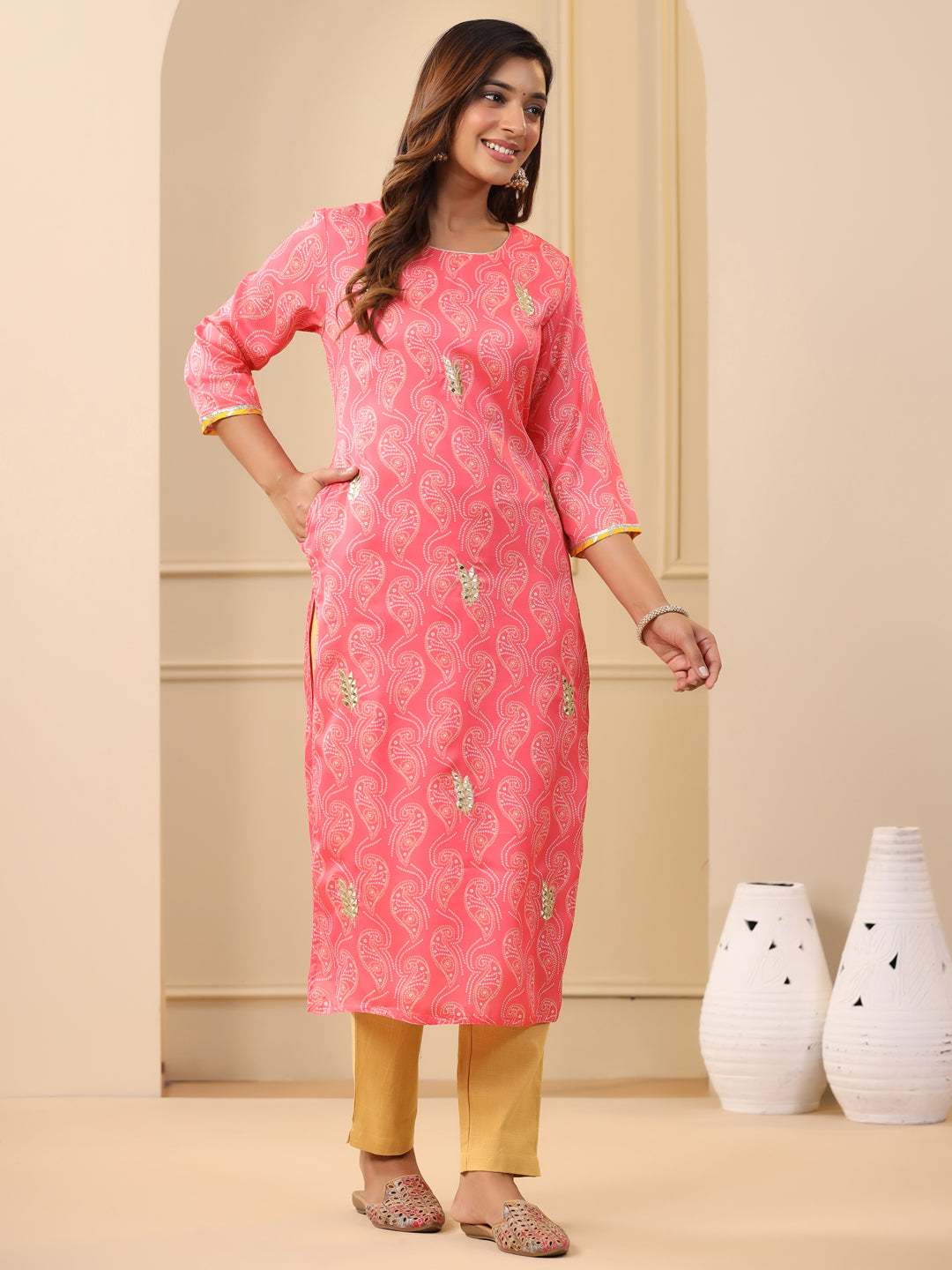 Embroidered Art Silk Peach Printed Straight Kurta With Cream Pants