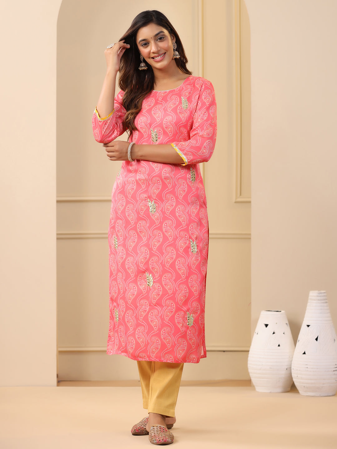 Embroidered Art Silk Peach Printed Straight Kurta With Cream Pants