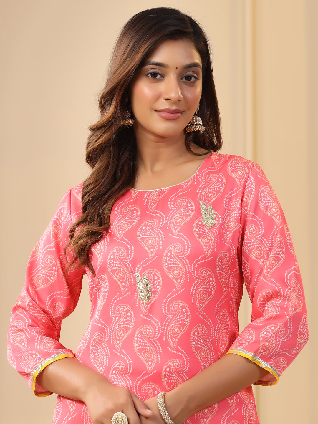 Embroidered Art Silk Peach Printed Straight Kurta With Cream Pants