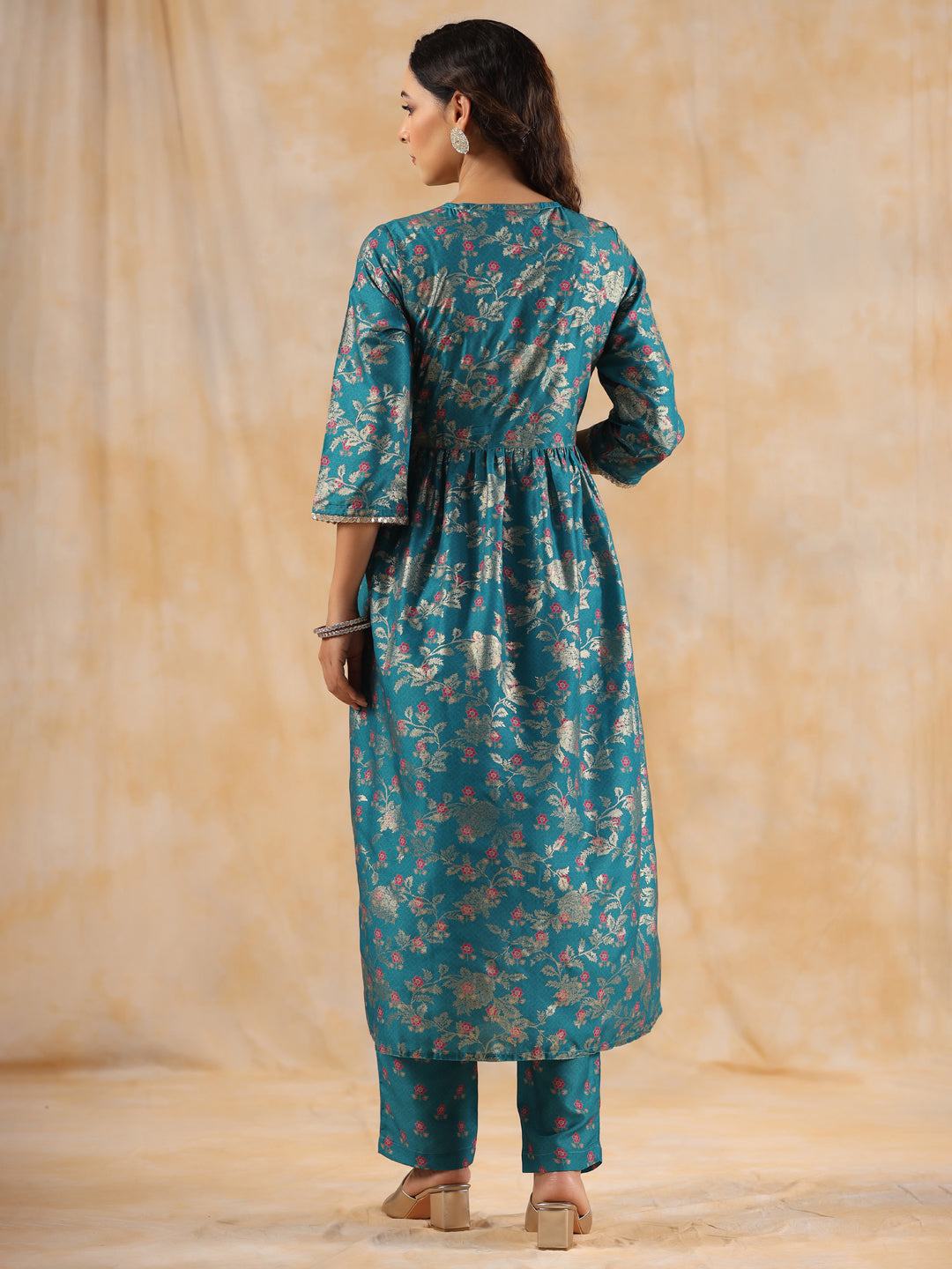 Floral Printed Teal Gathered Kurta With Pants