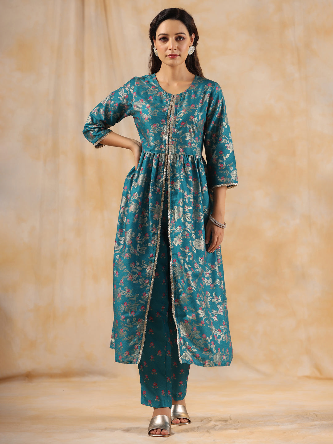 Floral Printed Teal Gathered Kurta With Pants