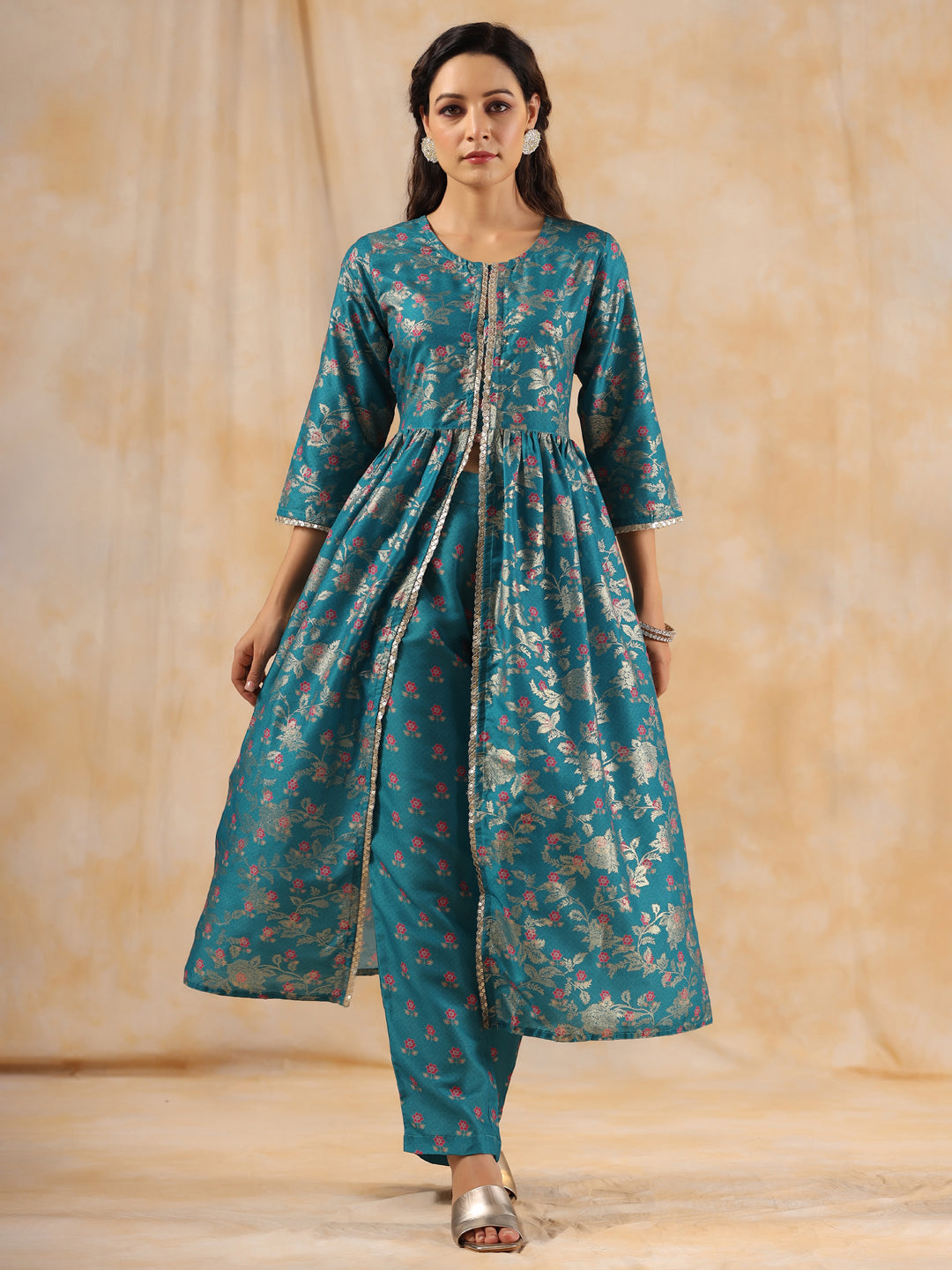 Floral Printed Teal Gathered Kurta With Pants