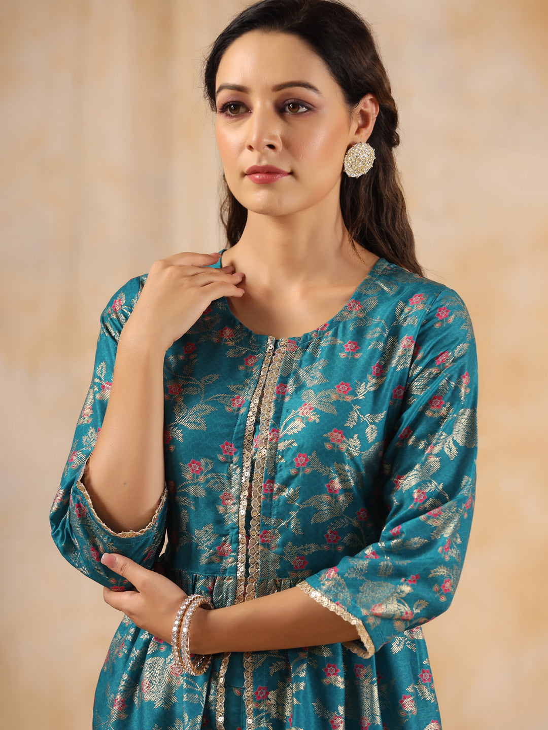 Floral Printed Teal Gathered Kurta With Pants