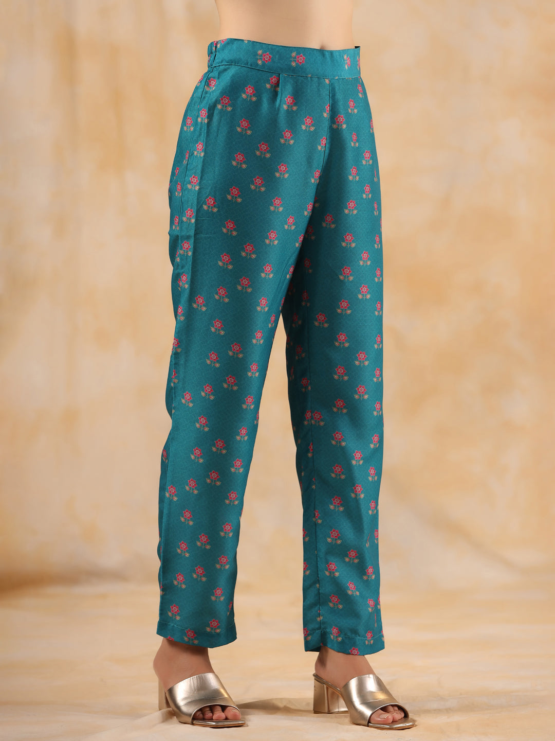 Floral Printed Teal Gathered Kurta With Pants