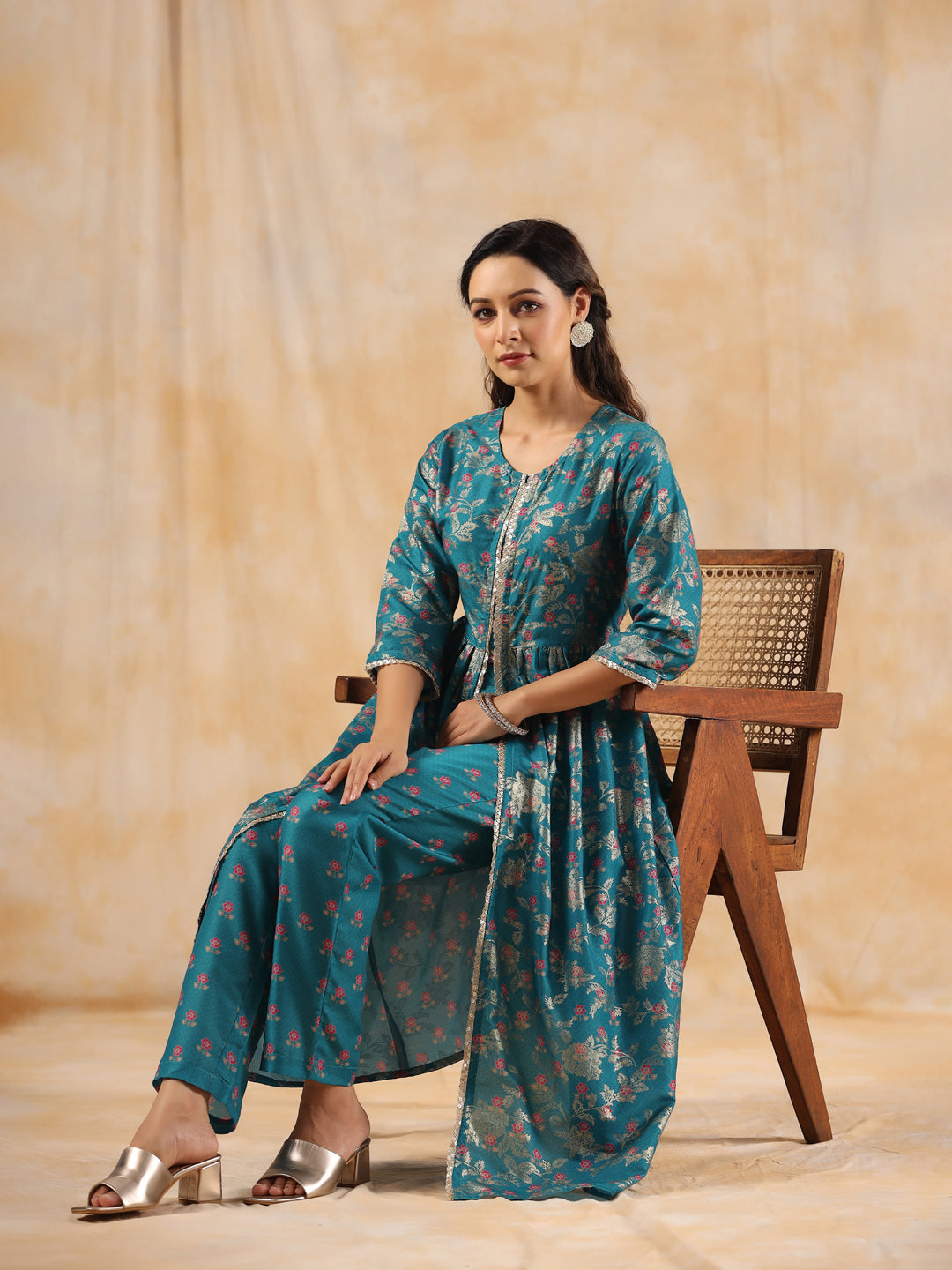 Floral Printed Teal Gathered Kurta With Pants