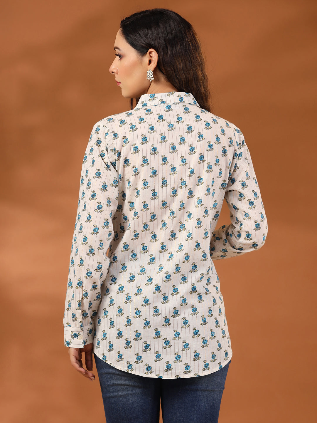 Turquoise Blue Ethnic Motif Lurex Shirt