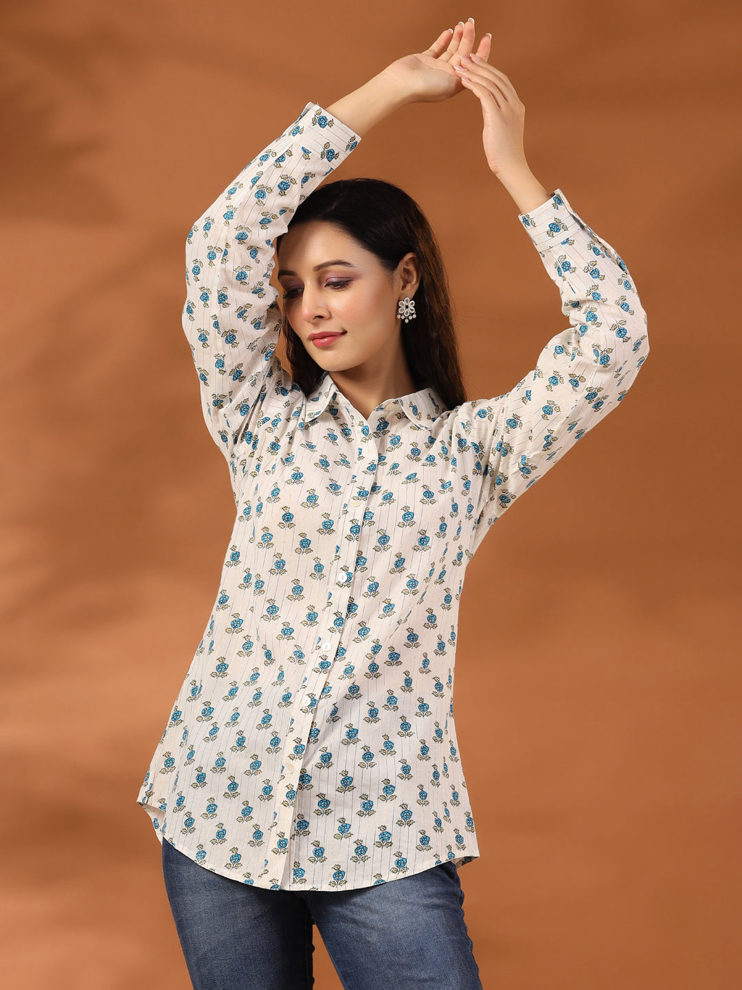 Turquoise Blue Ethnic Motif Lurex Shirt