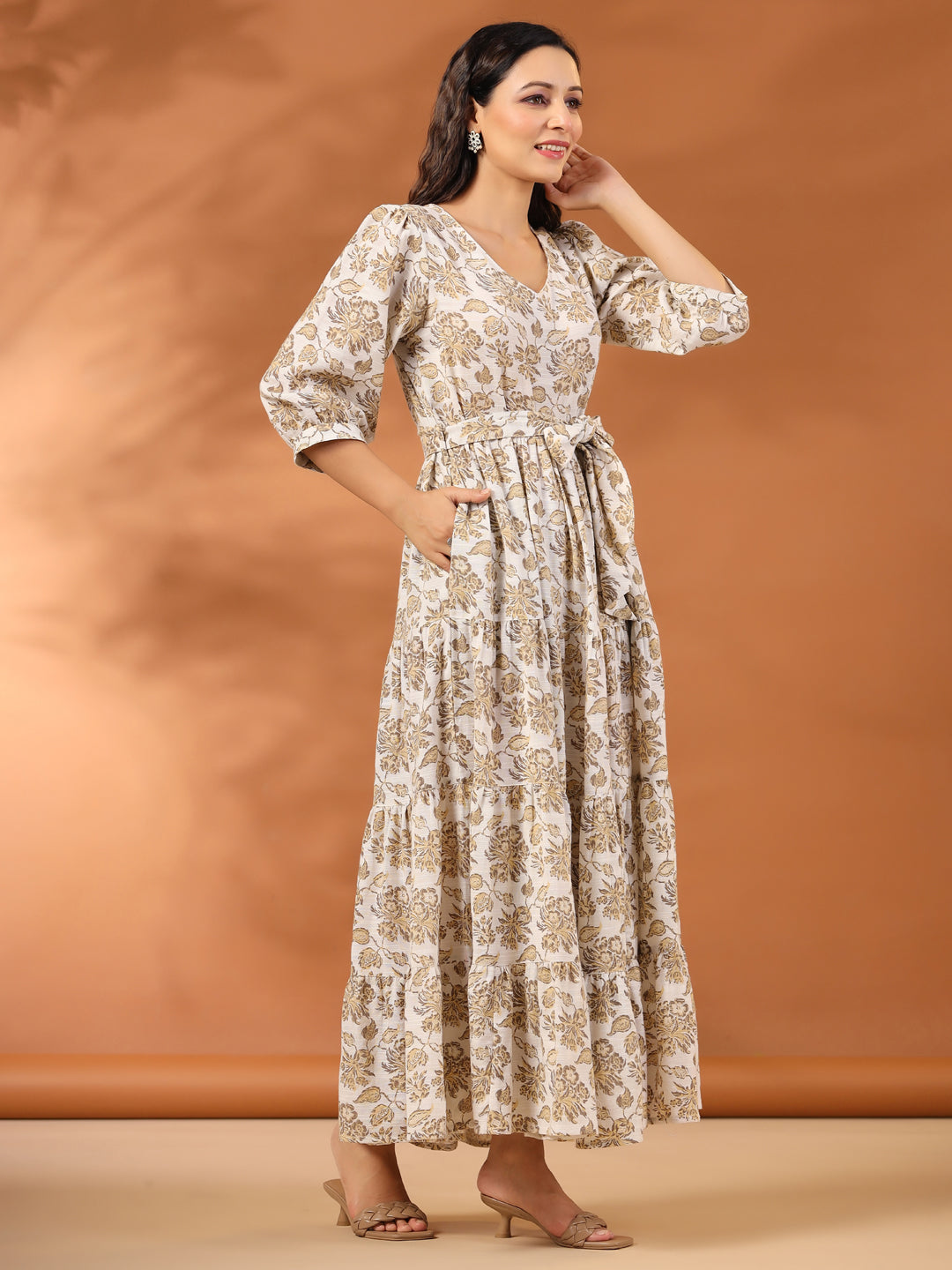 Beige Floral Printed Tier Cotton Dress