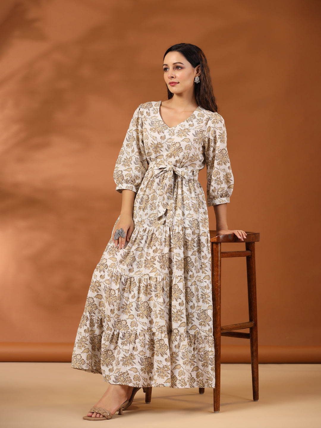 Beige Floral Printed Tier Cotton Dress