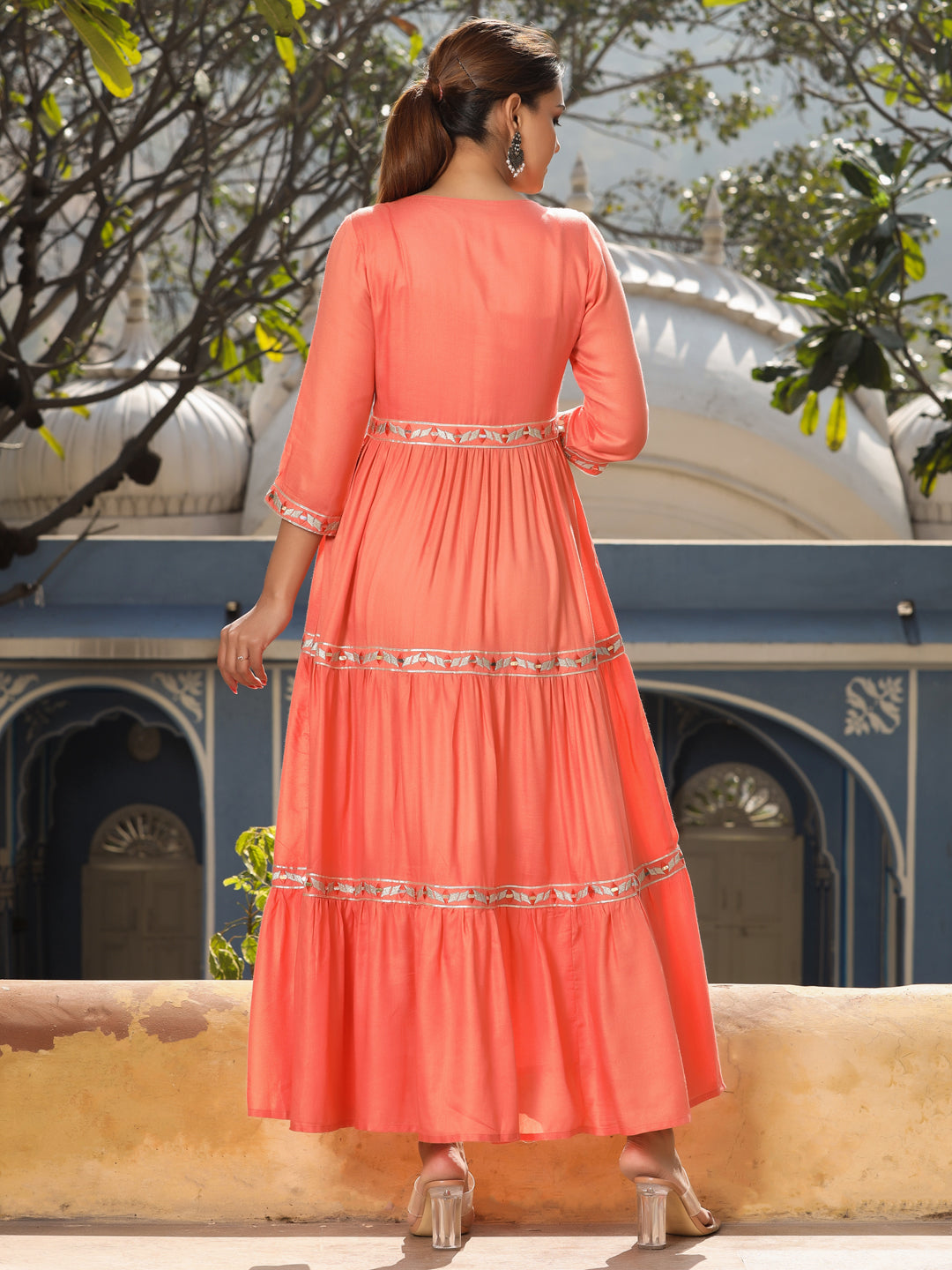 Peach Solid Embroidered Flared Tiered Dress